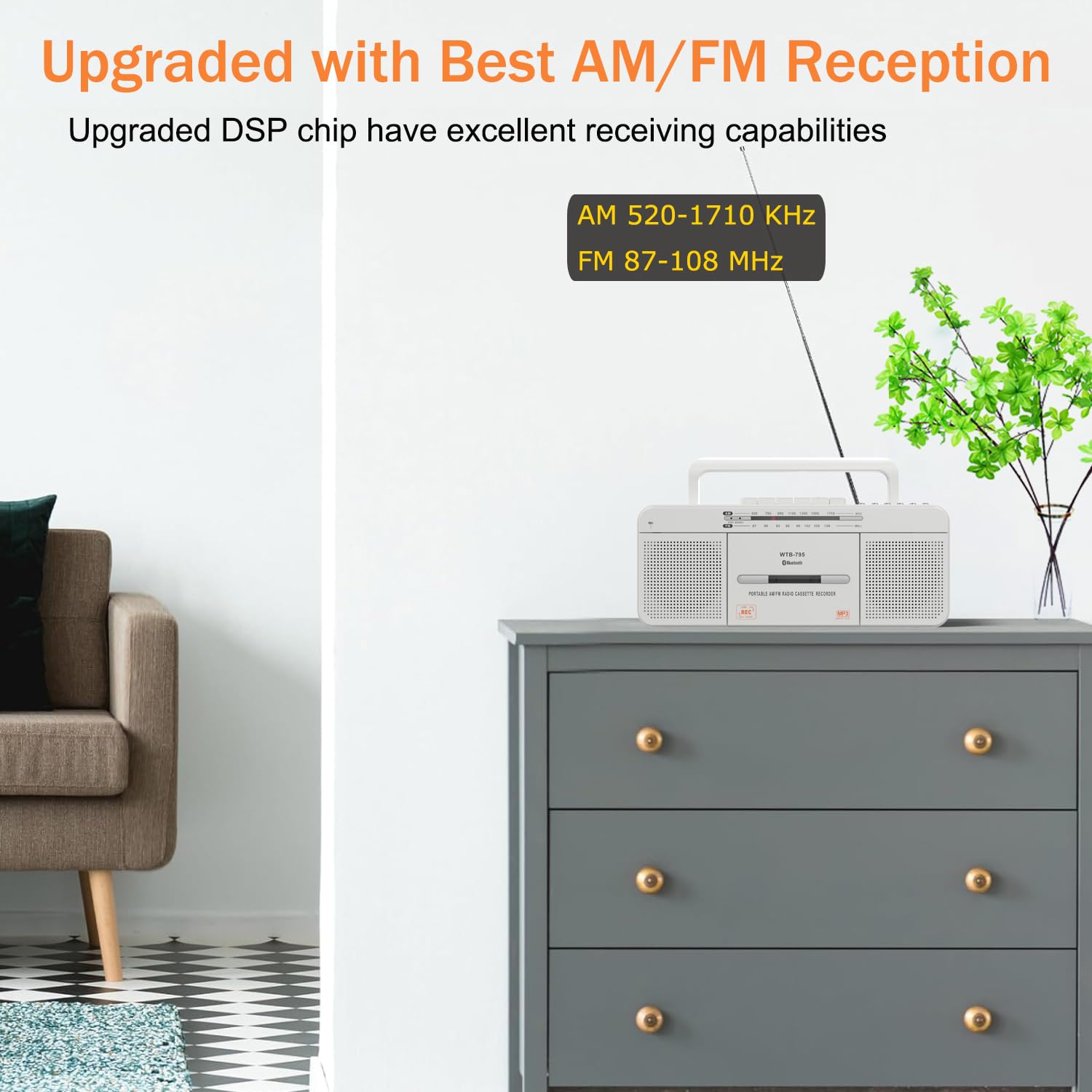 WISCENT Reproductor de Cassette con Radio estéreo USB/Bluetooth/Am/FM, convertidor de Casete a MP3, Altavoz Grande, Conector para Auriculares (Blanco Reproductor de Cassette)