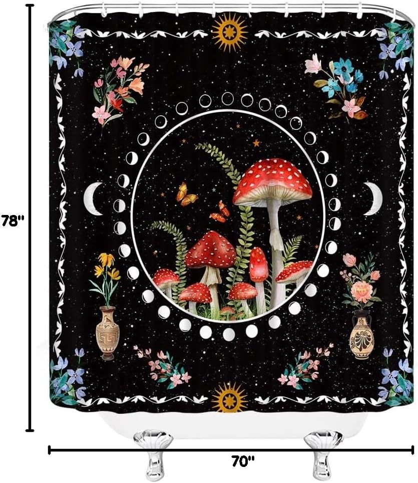 Mushroom Shower Curtain Moon Phase Aesthetic Botanical Flower Butterfly Boho Astrology Tarot Moonlit Night Bathroom Curtain Fabric with Hooks(70" Wx78 H)