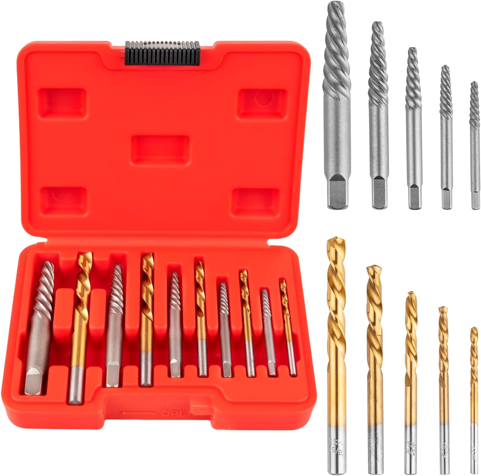 10-Piece Screw Extractor and Left Hand Drill Bit Set, Easy Out Broken Bolt Remover Kit with 5 Screw Extractors and 5 HSS Left Hand Drill Bits in Sizes 1/8", 5/32", 3/16", 1/4", 19/64"