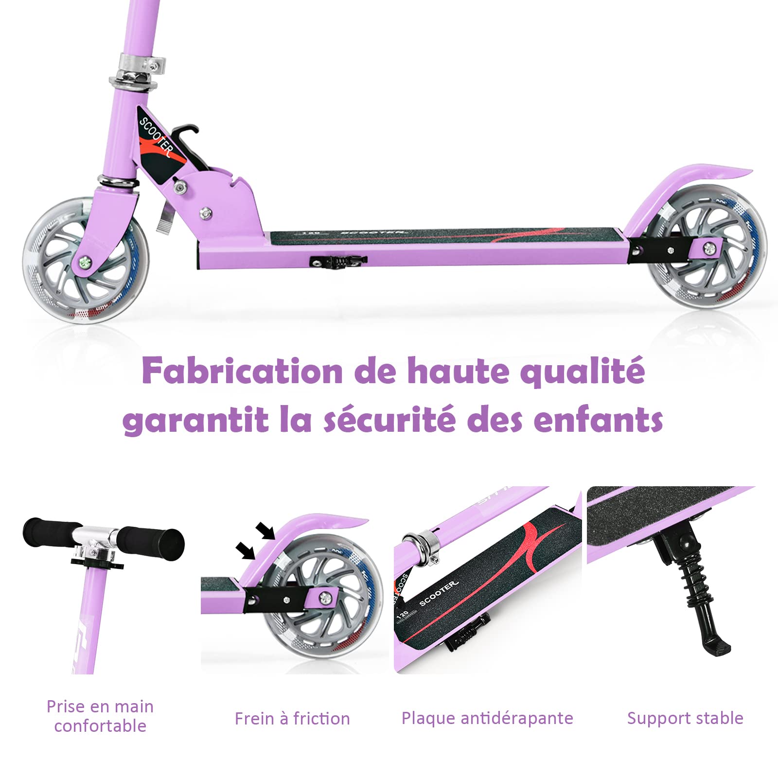 COSTWAY Trottinette Enfant Pliable avec Roulement ABEC-9 & 2 Roues Clignotantes 120mm, Trottinette Pro Enfants avec 3 Hauteurs Réglables & Béquille, Scooter, Charge 70kg pour 5-13 Ans
