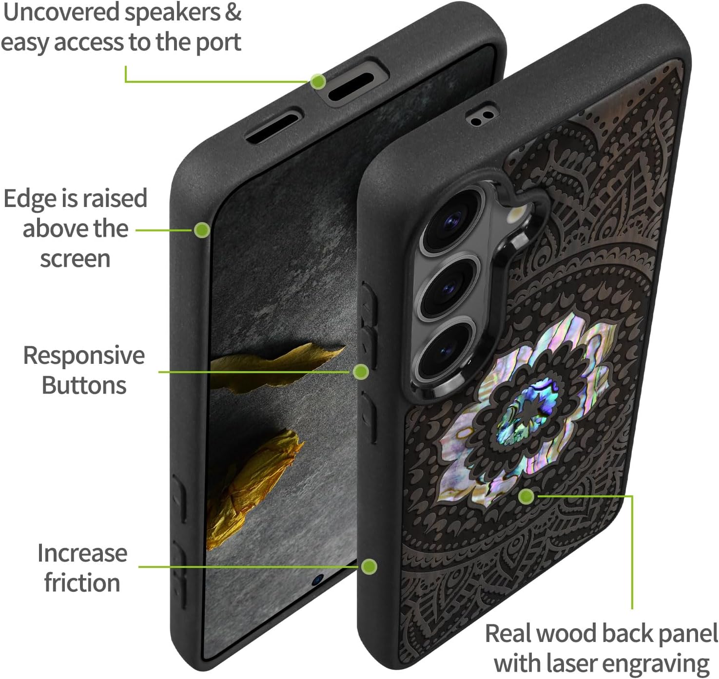 Carveit Magnetic Wooden Case for Samsung Galaxy S26 Case, Wood Artisan Engraved & Handmade Shell Inlaid, Compatible with MagSafe Wireless Chargers (Mandala Pattern) Blackwood