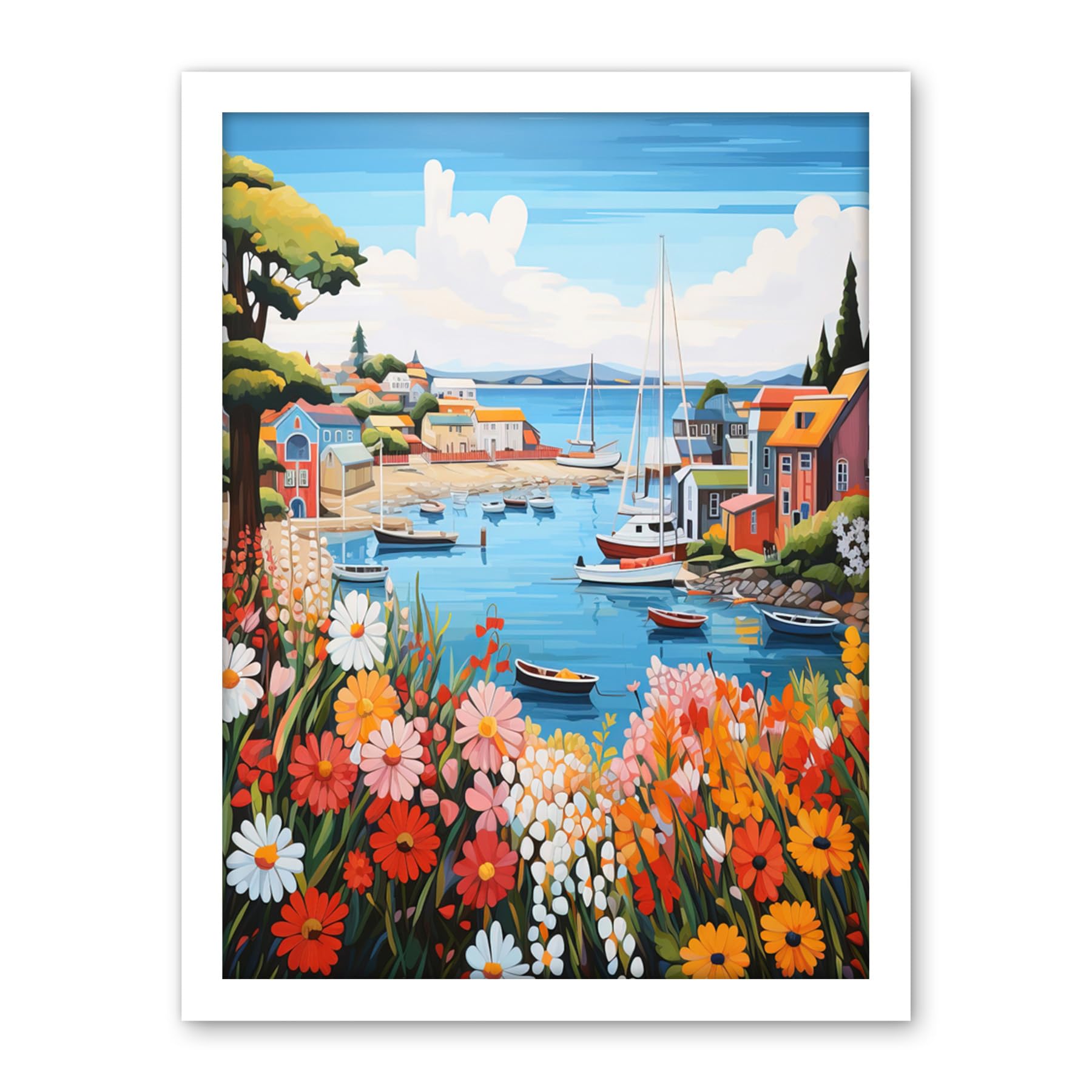 Artery8 Idyllic Scenic Seaside Fishing Village Bright Oil Painting Orange Pink Blue Bathroom Floral Artwork Harbor Bay Boats Coastal Landscape Artwork Framed Wall Art Print 18X24 Inch