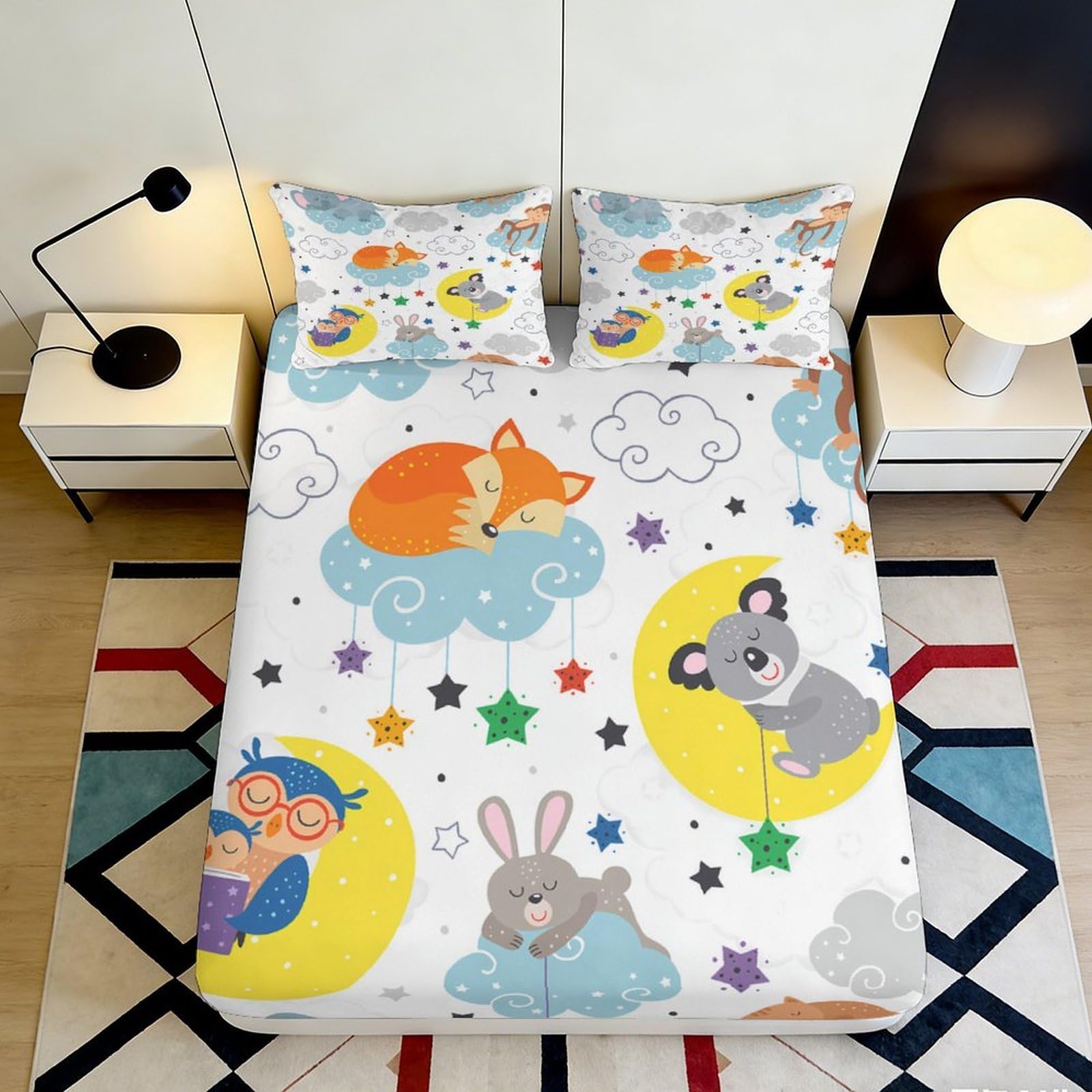 3D Printed Fox Cloud Fitted Sheet Microfiber Soft Cartoon Animal Star Mattress Cover for Bedroom Dorm Easy Care 120x200x25cm
