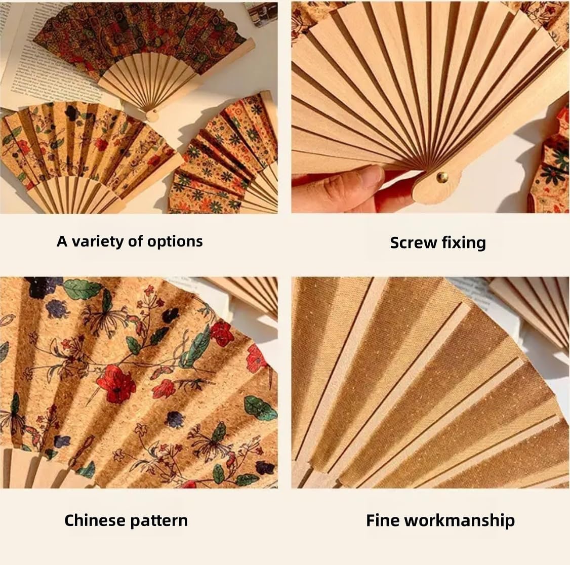 2-pcs Bohemian style cork hand fans，hand fans for women foldable， Spanish Fiesta Wedding Favors，Cooling Travel Accessories for Women Beach Festival