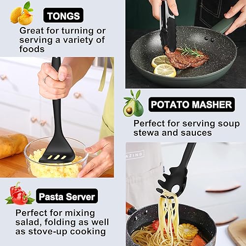 Miniatura 4 de Juego de utensilios de cocina de silicona, 24 piezas antiadherentes, espátula con soporte, juego de utensilios de cocina resistentes al calor (negro)