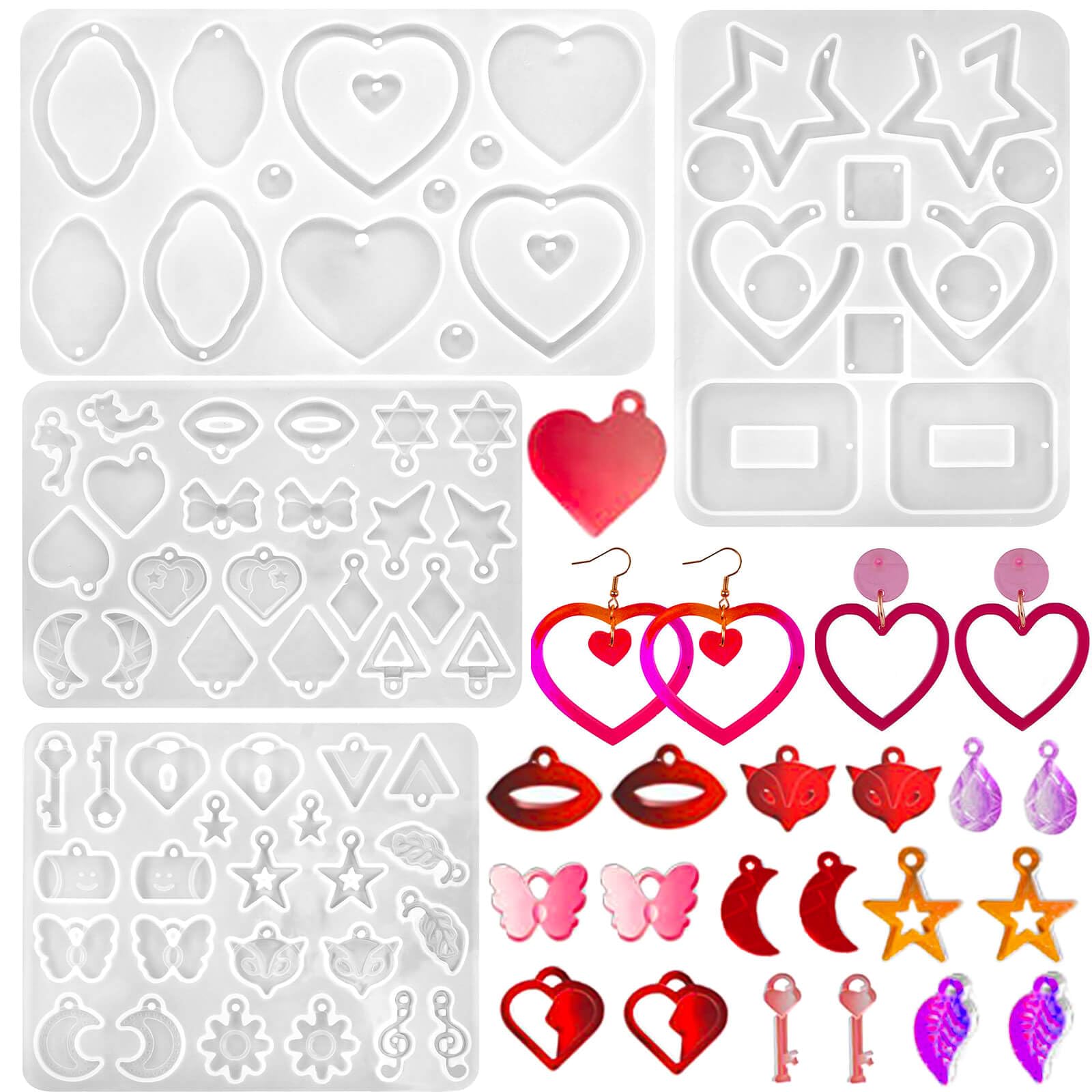 4Pack Valentine's Day Earring Resin Silicone Molds Kit, Love Heart Shape Resin Mold with200Pcs Earring Hook Jump Ring for Epoxy Resin Casting DIY Craft Earring Jewelry Making (4 Packs White)