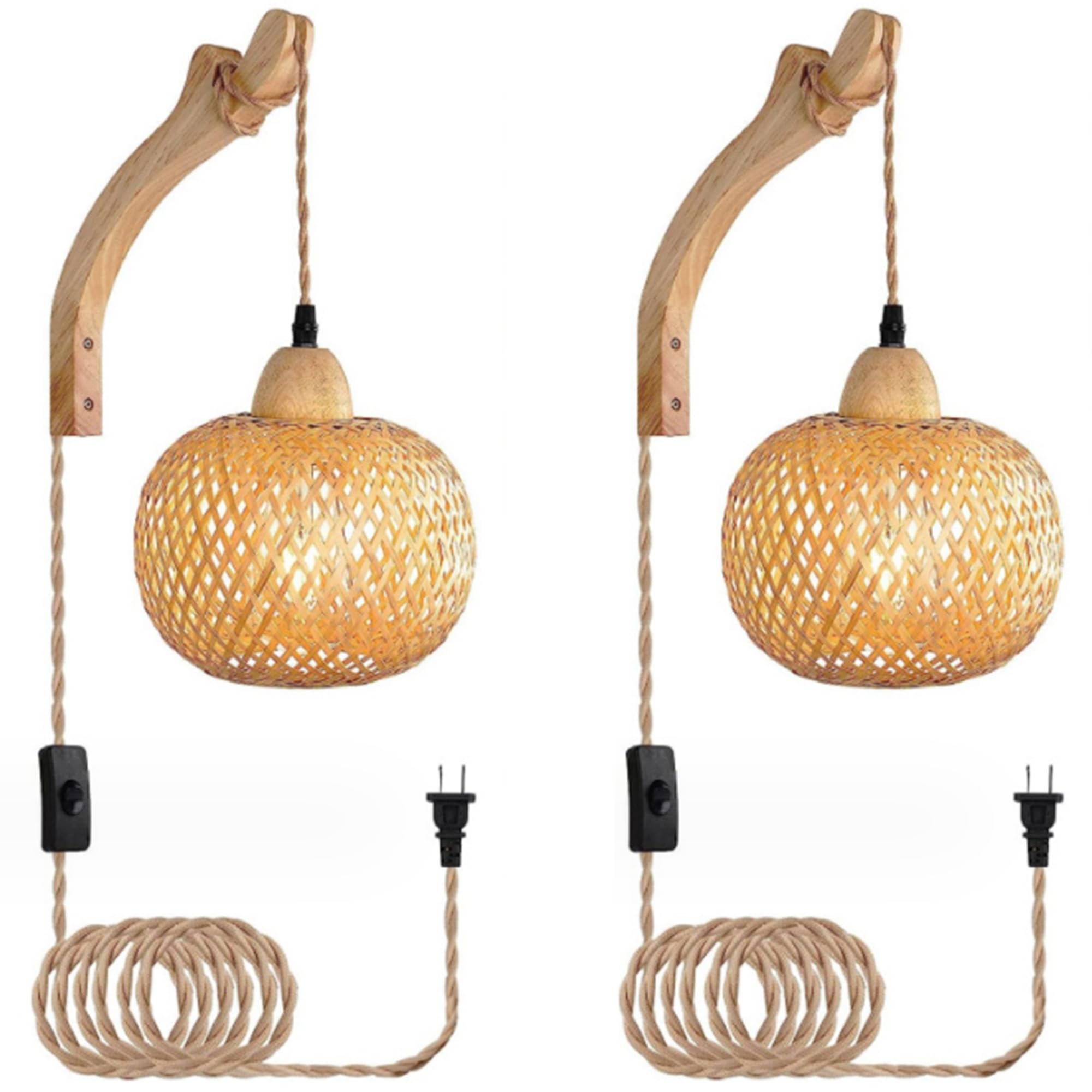 MEHIDFY Bamboo Lantern,Boho Bedside Lamp Set of 2,Pendant Bamboo Lamp with Hand Woven Rattan Lamp,Bohemian Lamp Wicker Wall Lighting for Bedroom Living Room(2PCS)