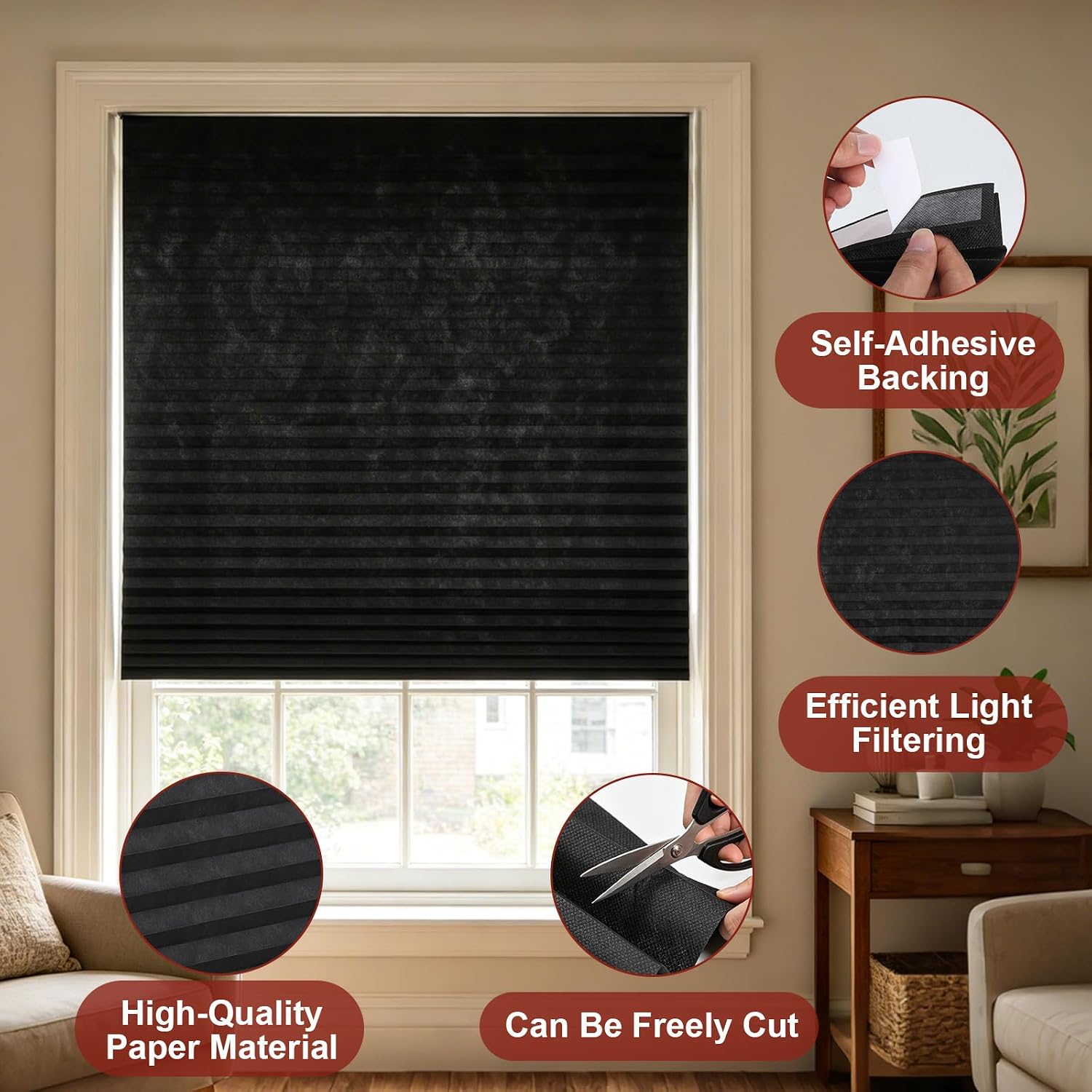 2 Pcs Temporary Window Blinds 48" x 100" Self Adhesive Pleated Window Shades with Clips Light Filtering Temporary Shades No Drill Blackout Blinds for Doors Office Bedroom Living Room(2, 48 * 100inch)