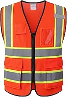 Vista 13 de Chaleco de seguridad de malla reflectante para hombres y mujeres, con 5 bolsillos y cremallera frontal, chaleco de malla de alta visibilidad Hi Vis