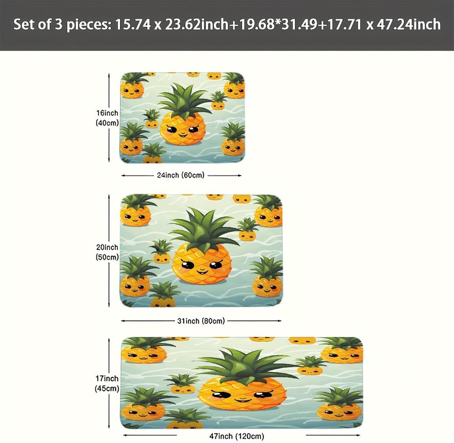 Cute Pineapple Kitchen Rugs Sets of 3 Washable Non Slip Kitchen Rug Water Resistant Carpet Piece Anti Fatigue Kitchen Mats Soft Comfort Standing Mat Modern Area Rug