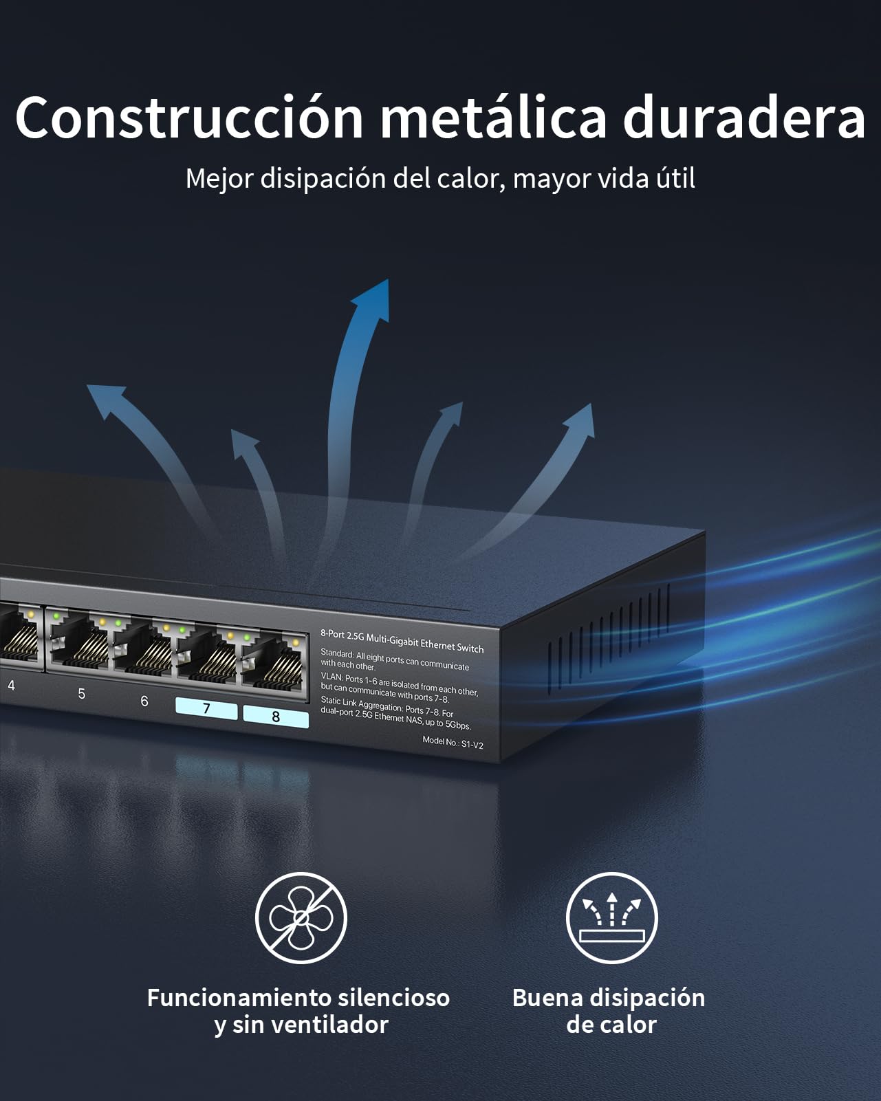 BrosTrend Switch Ethernet 2.5Gb 8 Puertos, Soporta Static Link Aggregation & VLAN, Hub Ethernet Switch RJ45 para Gaming PC NAS, Plug and Play, Hub Red no Gestionado sin Ventilador, Vida ÚTI Protección