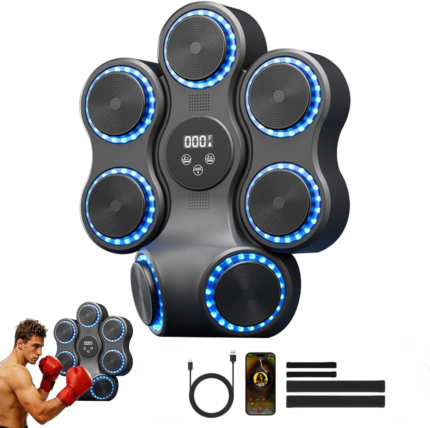 Music Boxing Machine, Wall Mount Smart Training Equipment with Bluetooth Music Function & LED Lighting, 9 Speed Levels and 11 Training Modes, for Home Office Gym (A (Gloves not included))