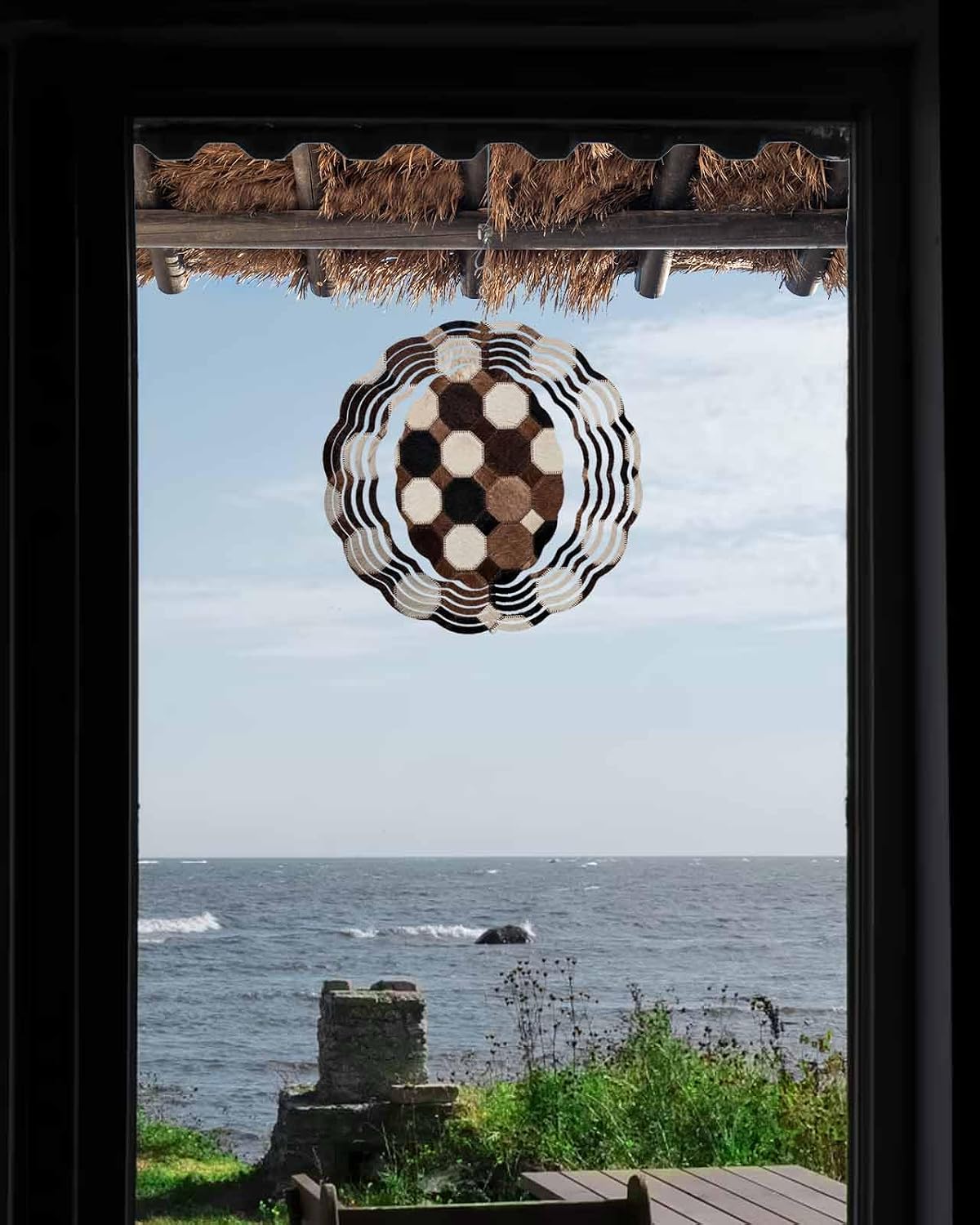 Round Patchwork Wind Spinner for Garden Yard 12In, Western Ethnic Abstract Black Brown White Fur Style 3D Stainless Steel Kinetic Hanging Wind Spinners Rustproof Outdoor Decor for Lawn Patio Home