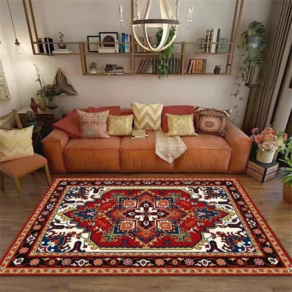 Tapis de salon au motif floral rétro rouge 100x210cm lavable en machine