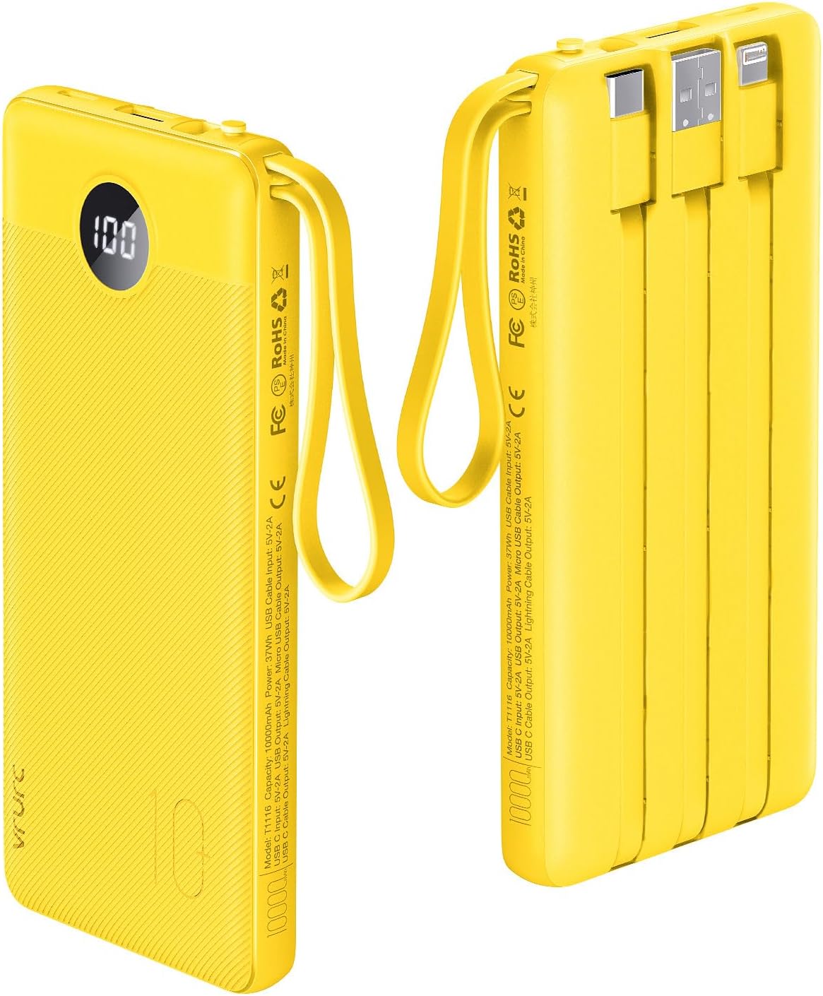 VRURC Portable Charger with Built-in Cables, 10000mAh LED Display USB C Power Bank, Slim Travel Battery Pack with 5 Output 2 Input Compatible with iPhone,Samsung,Android etc-Yellow(1 Pack) VRURC Portable Charger with Built-in Cables, 10000mAh LED Display USB C Power Bank, Slim Travel Battery Pack with 5 Output 2 Input Compatible with iPhone,Samsung,Android etc-Yellow(1 Pack)