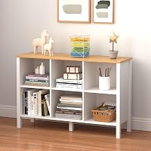6-Cube Bookcase, Farmhouse Wooden Bookshelf Low Storage Organizer, 45" Horizontal White Console with Legs, Hallway Book Case for Entryway, Display Cabinet for Living Room White, 6-Cube