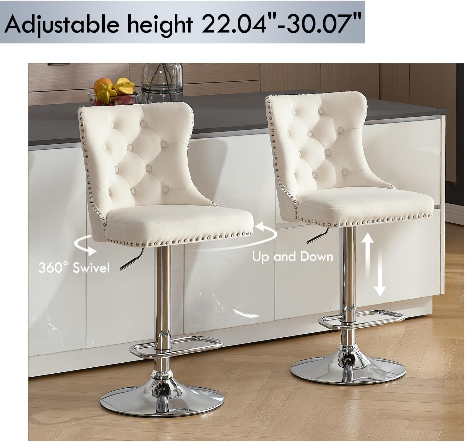 Velvet Bar Stools Set of 2, Modern Swivel Bar Height Stools with Lion Pull Ring, Adjustable Counter Height Chairs with Chrome Footrest/High Tufted Back for Kitchen Island/Dining/Cafe, Cream