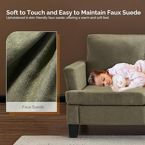 Miniatura 4 de VINGLI Sofá verde oliva de 83 pulgadas para sala de estar, moderno y cómodo sofá de 3 plazas, gamuza sintética de 25.6 pulgadas de profundidad,