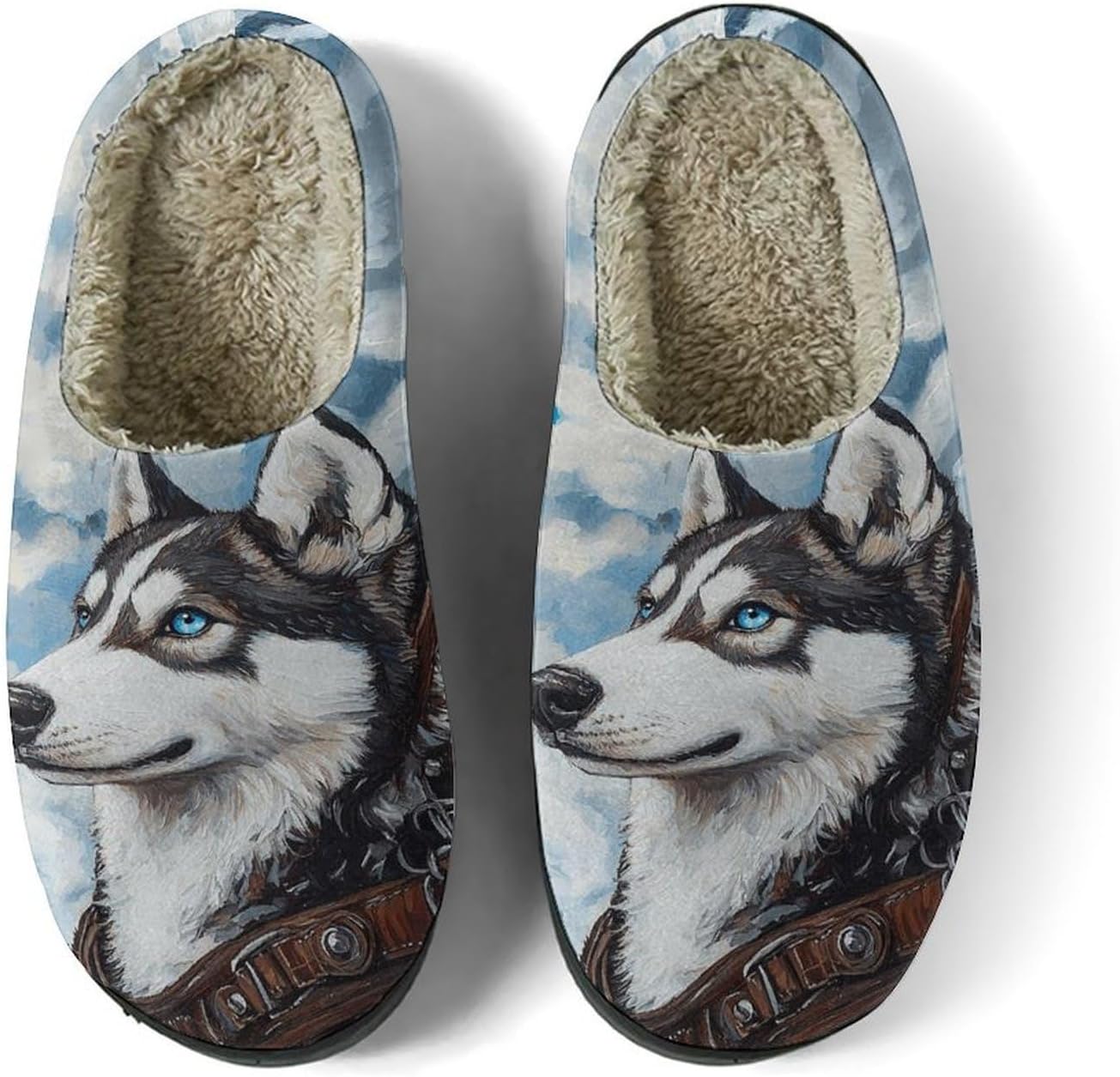 Arctic Husky Pattern Women's Fuzzy Slippers Bedroom Slippers Warm House Shoes with Anti-Skid Rubber Hard Sole Outdoor Comfort Man