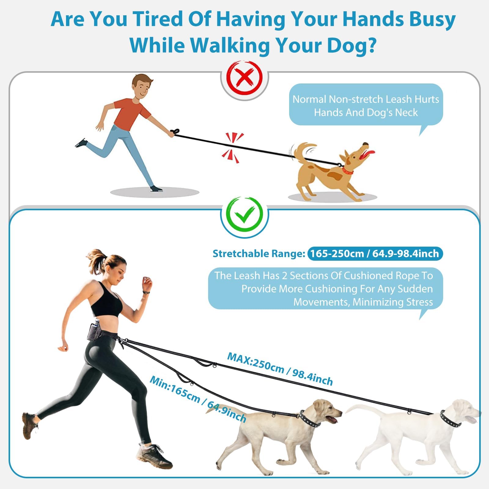 PETCUTE Laisse Mains Libres pour Chien, Ceinture Réglable de Laisse pour Chiens avec Sac de Ceinture,Couture Réfléchissante,Absorption de Choc, Idéal pour la Promenade et Le Jogging