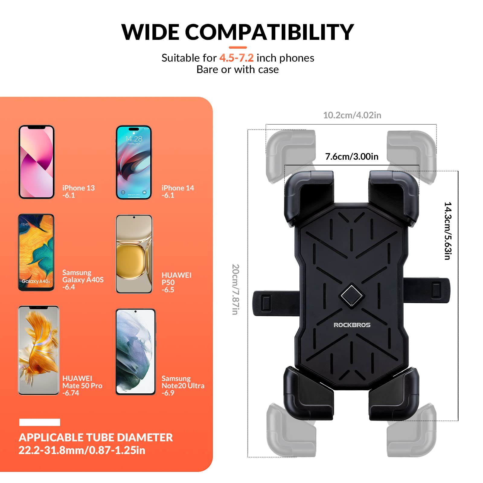 ROCKBROS Supporto Porta Cellulare Bici, Portatelefono per Moto Bicicletta Ebike Monopattino, 360° Rotabile, Blocco Telefono Automaticamente, per Smartphone 4,5”-7,2”, Accessori Bici
