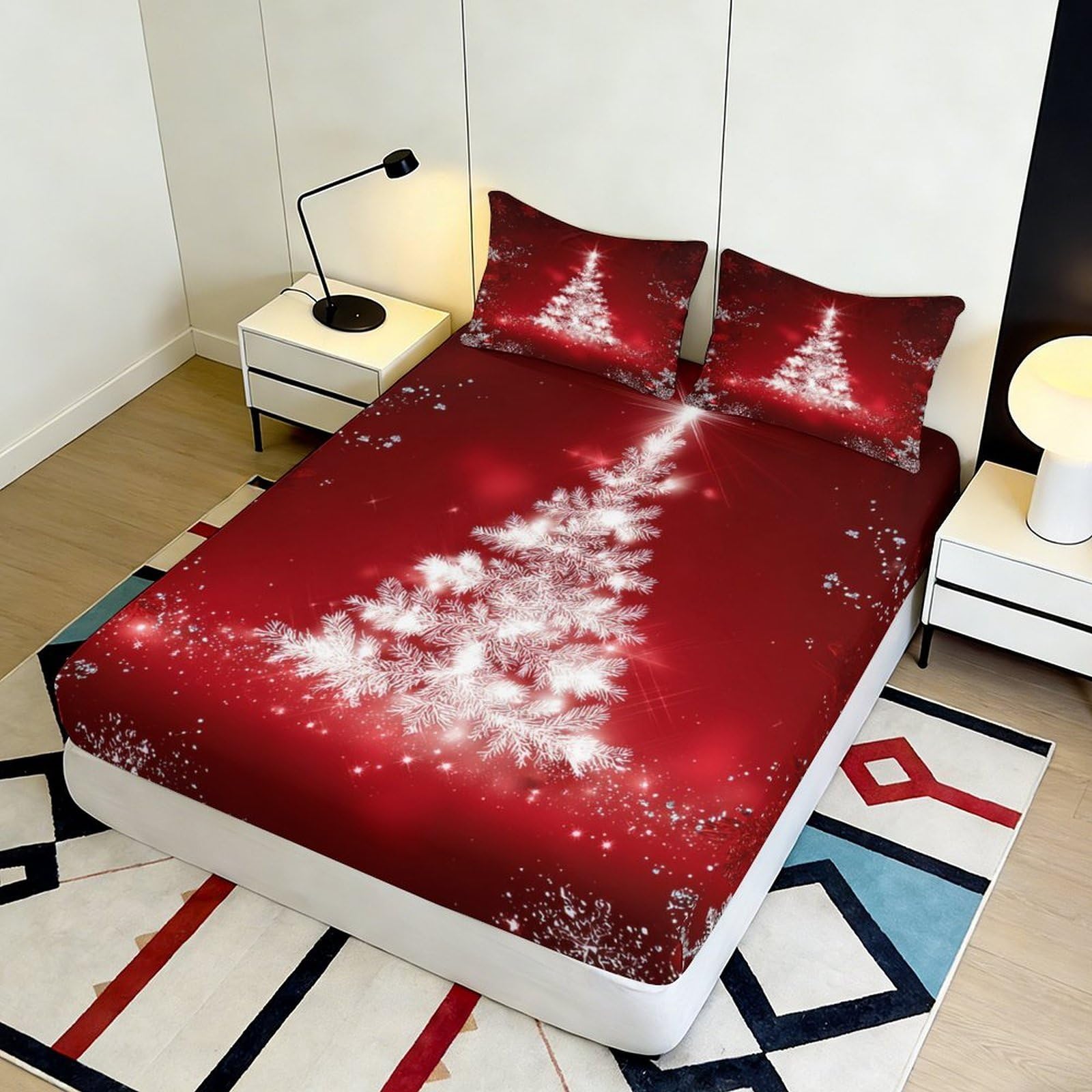 Lenzuolo con angoli con stampa 3D, motivo albero di Natale, in microfibra, antiscivolo | morbido, coprimaterasso, facile da pulire, traspirante, lavabile in lavatrice, per tutto l'anno, 180 x 200 x 25 cm