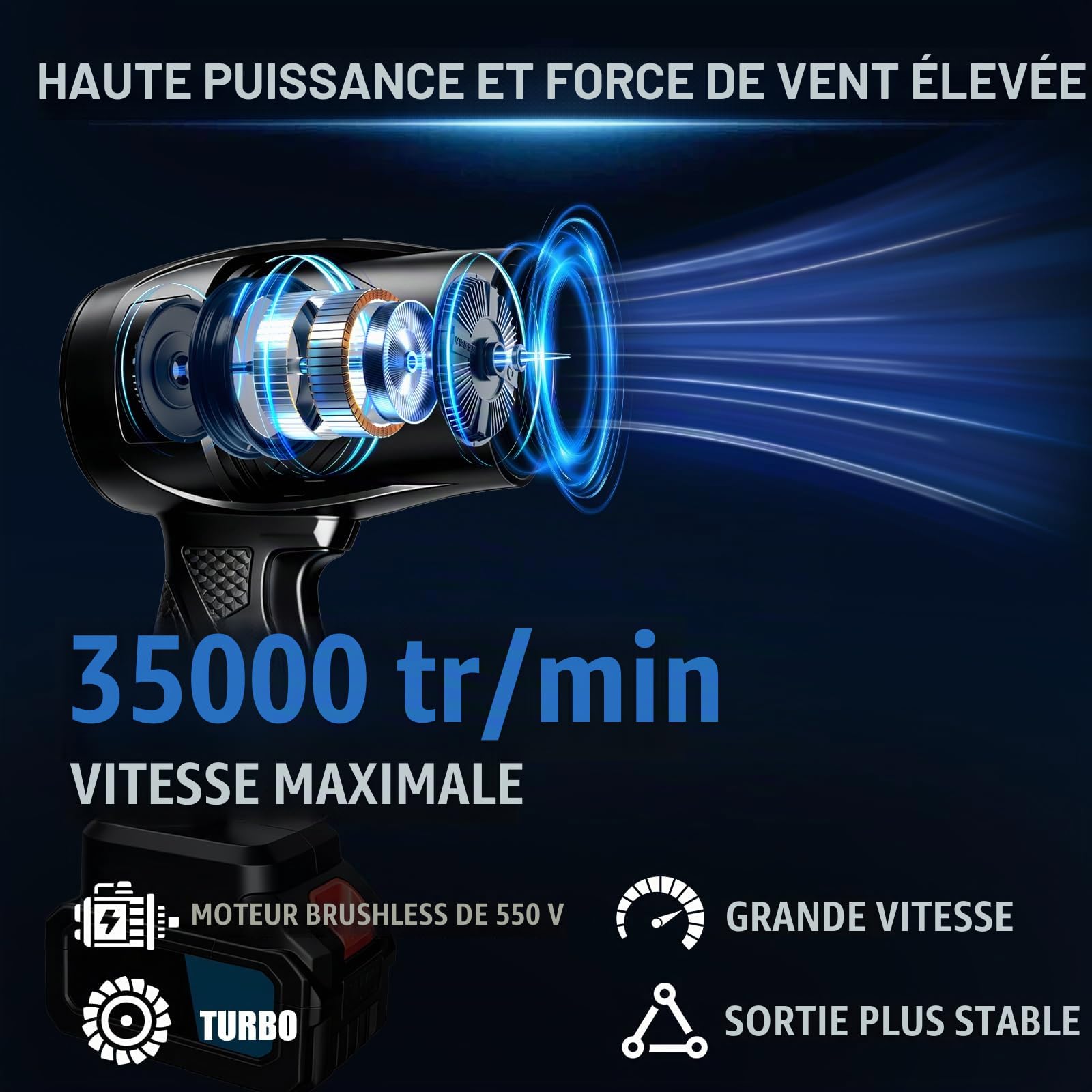 Souffleur Batterie sans Fil 21V 40000 TR/Min Moteur en Cuivre, Batterie 3000mAh x2, Autonomie 30 Minutes, Puissant pour Jardin Feuilles Nettoyage Auto Camping