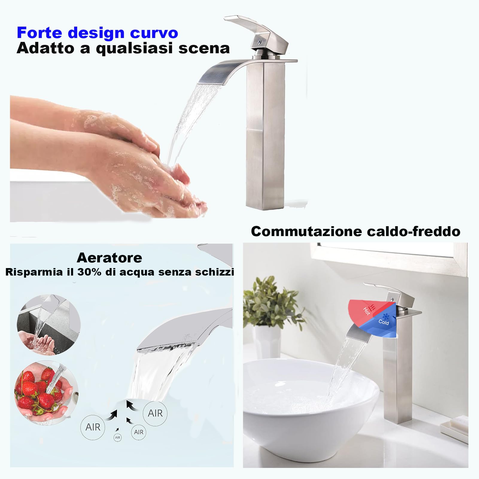 XWIHTR Rubinetto da bagno a cascata, rubinetto per lavabo, rubinetto per lavabo a una maniglia; bocca calda e fredda, silenzioso; rubinetto da bagno in ottone in acciaio inox (spazzolato-h)