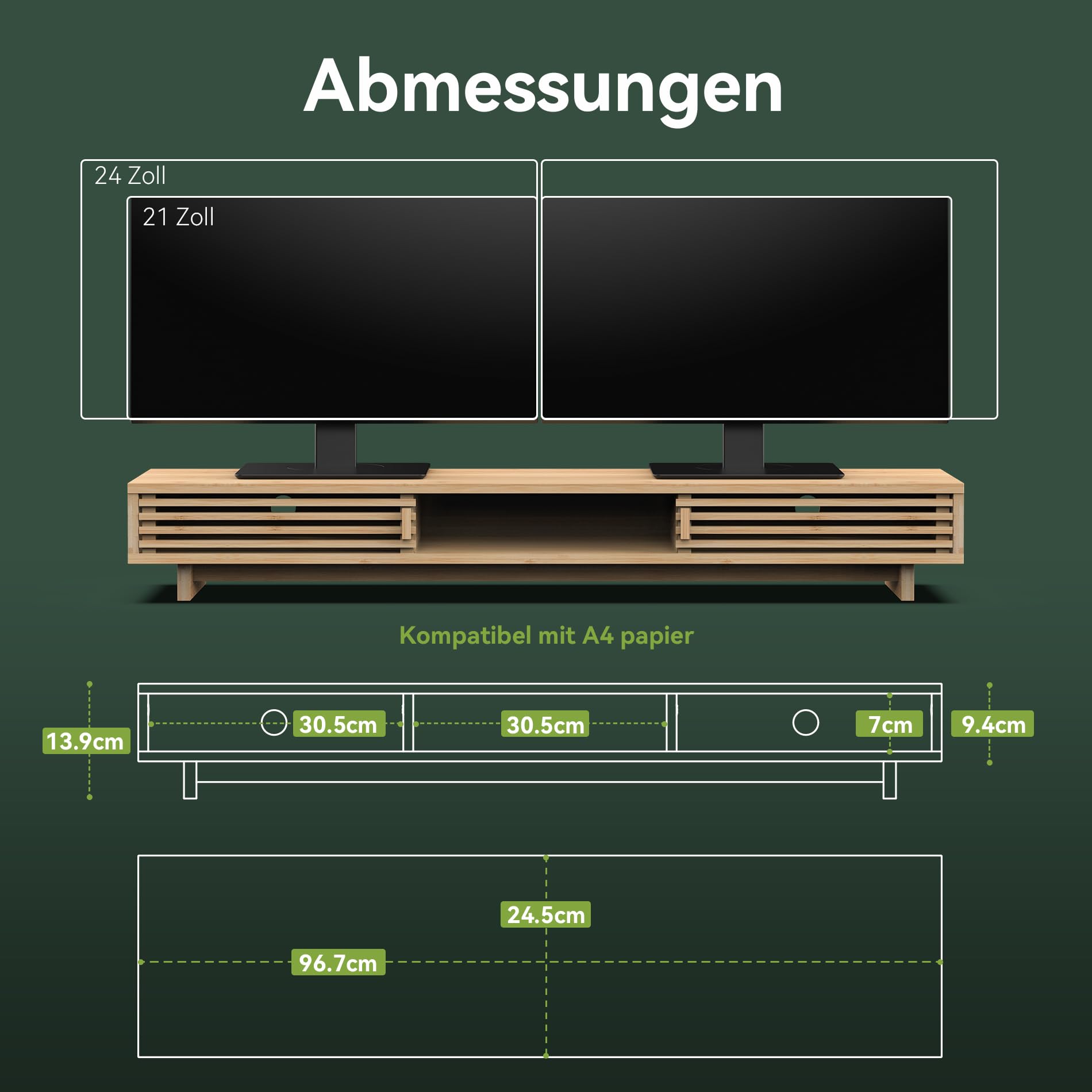 WELL WENG Dual Monitorständer Riser aus Holz für Monitor Bambus 96.7cm | Bildschirmerhöhung 2 monitore mit Schiebetüren im Gitter-Design Schreibtisch-Regal-Organizer mit Ordnungssystem