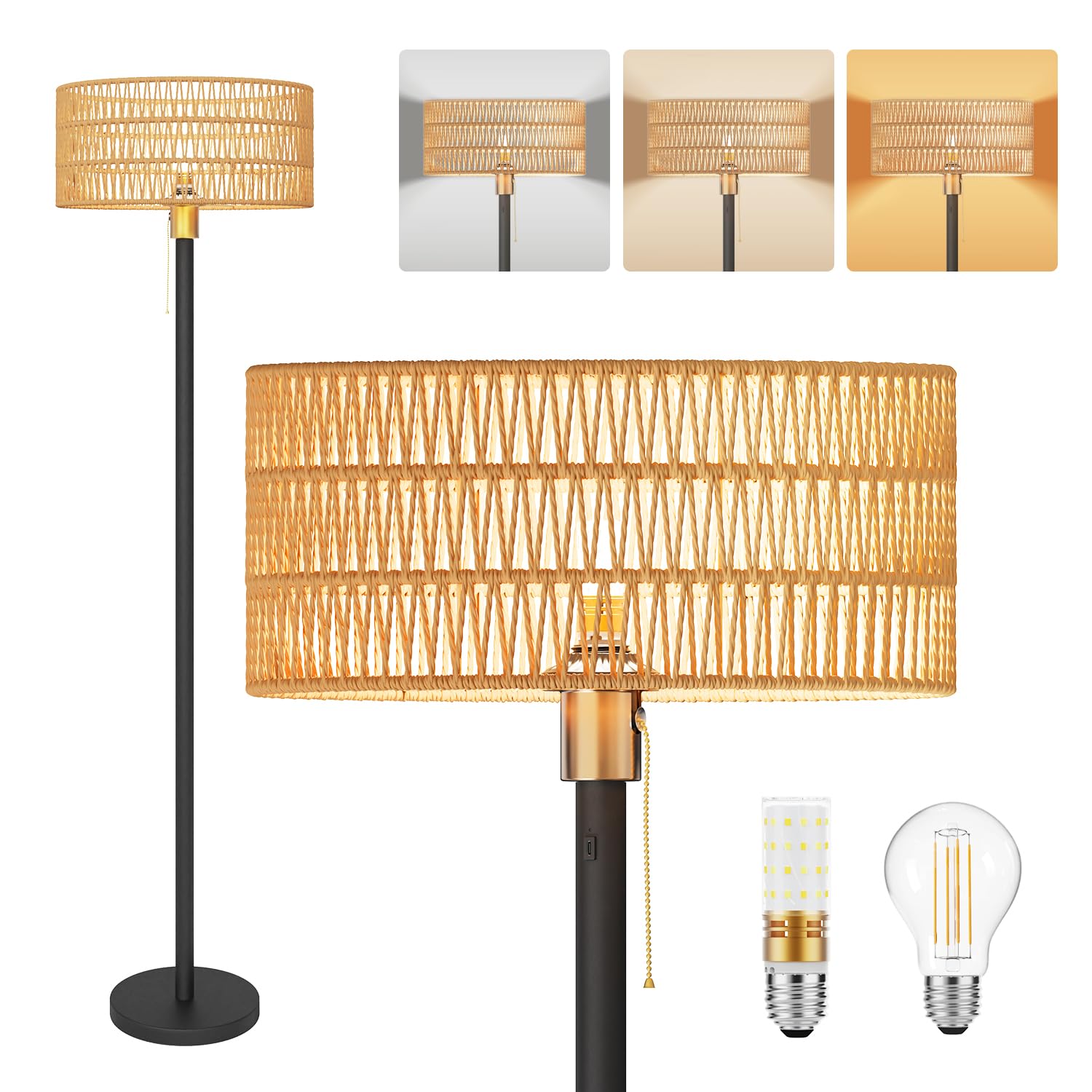 Cordless Rattan Floor Lamp with 3 Color Temperature