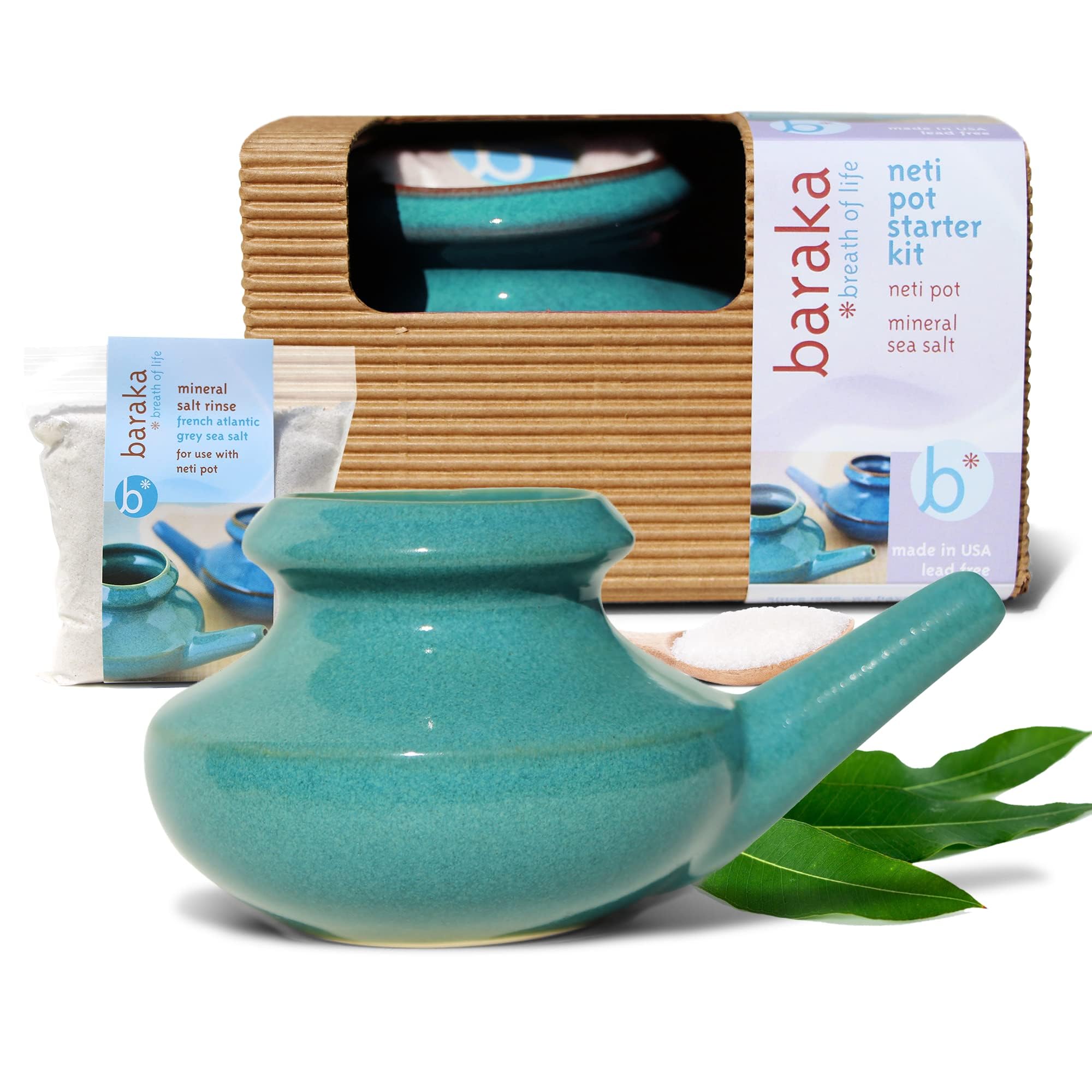 Handcrafted Ceramic Neti Pot Starter Kit w/ 2 oz Mineral Sea Salt – Durable Stoneware for Nasal Rinse – Relaxing Home Wellness Tool – Ideal Gift for Women – Helps with Snoring & Sinus Care (Jade)