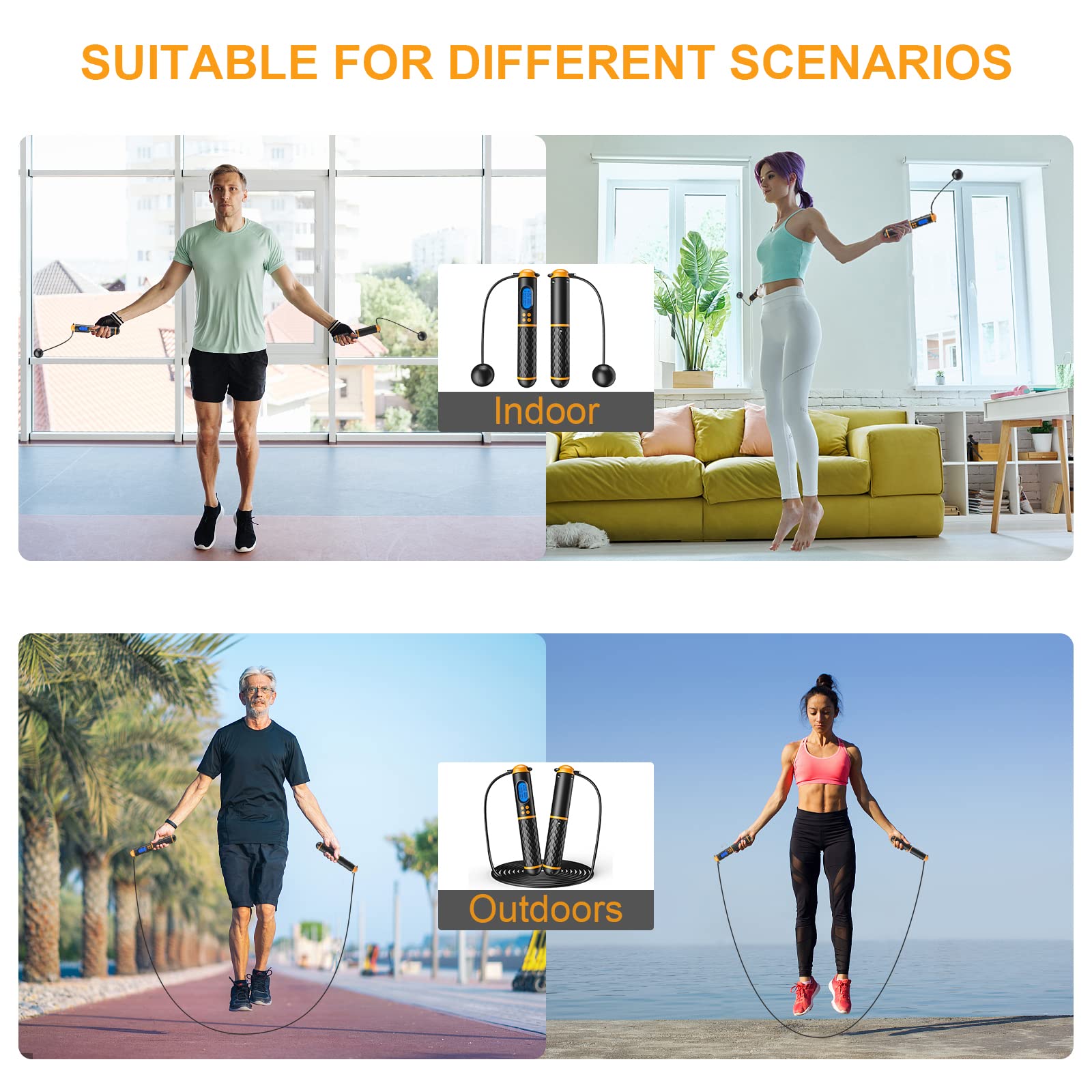 Intelligentes Springseil, Fitness-Springseil mit Gewicht/Runden/Zeit/Kalorienaufzeichnung, verstellbar, digital, für Zuhause, Fitnessstudio, schnurloses Springseil für Männer und Frauen und Kinder, Fitness-Training