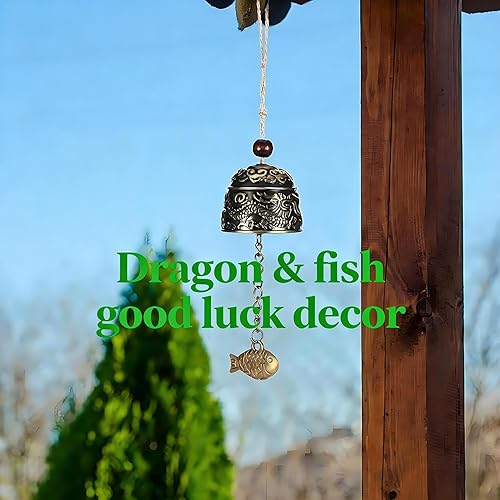 Miniatura 5 de 2 carillones de viento de estilo vintage Feng Shui, hechos a mano de metal con diseño de pez dragón para patio y hogar