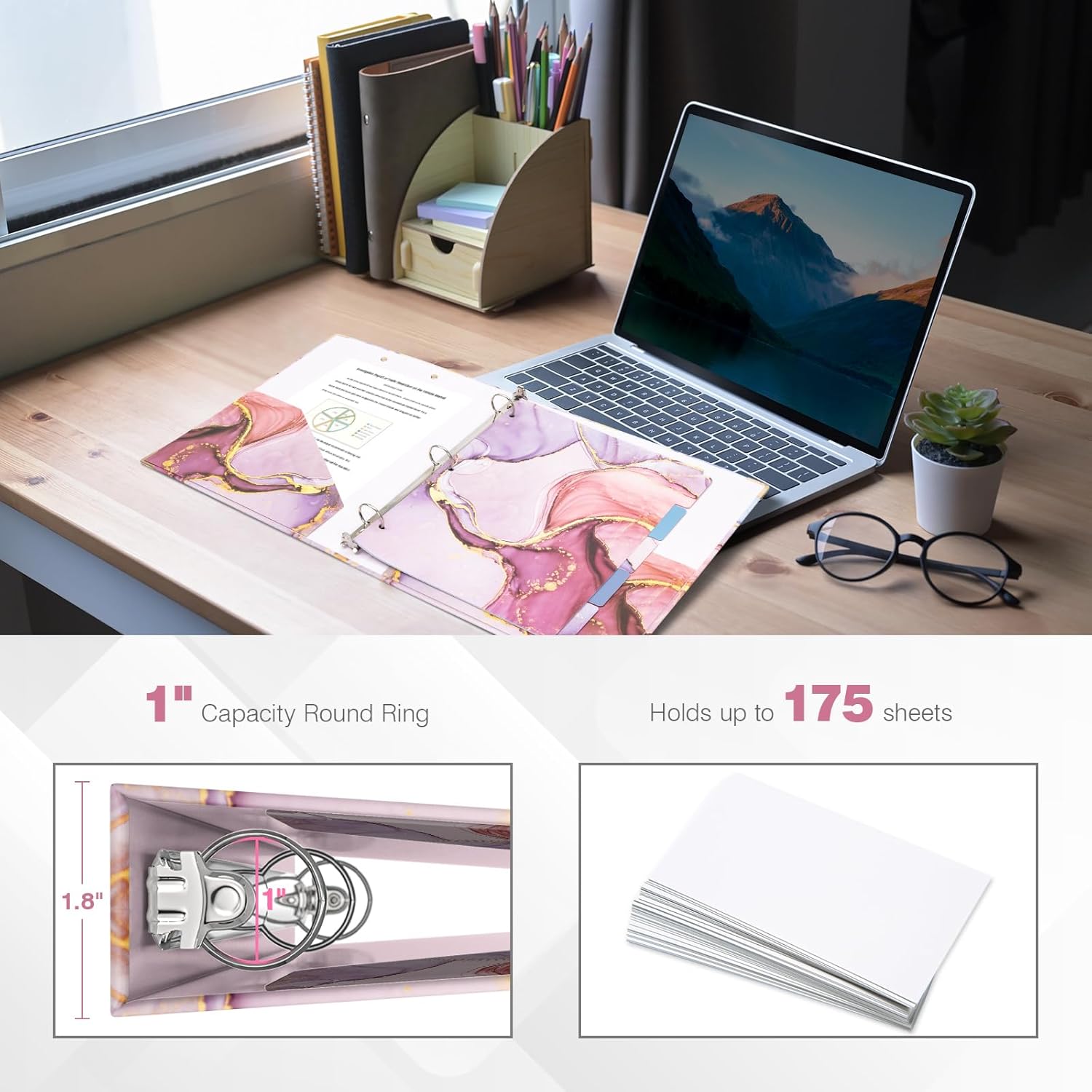 Ospelelf 3 Ring Binder 1 Inch, Pink Binders for Letter Size Documents(11" x 8.5") with 5 Tab Dividers, Clipboard Organizer, Back to School and Office Supplies - Image 2