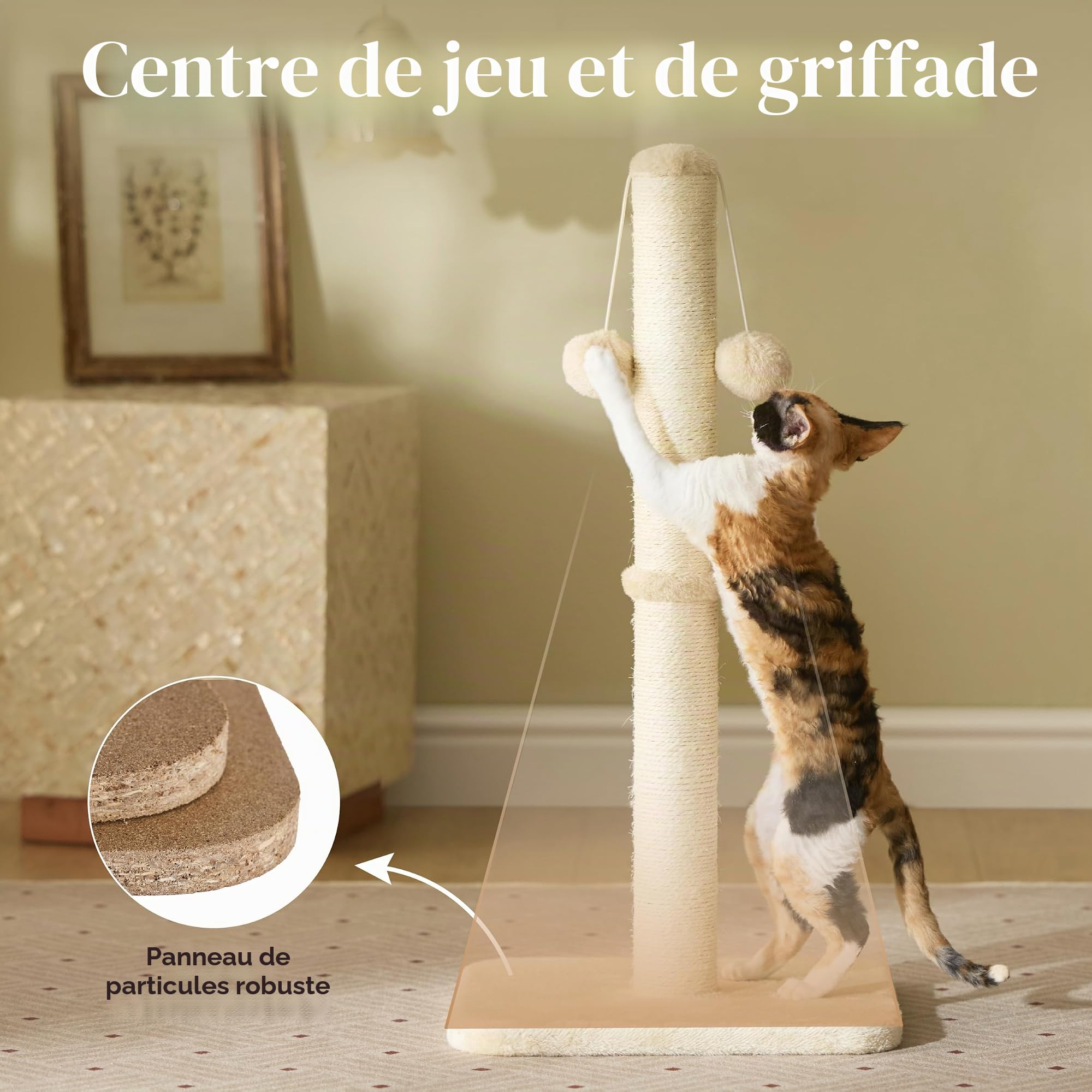 Lesure Griffoir pour Chat Intérieur - 36x36x74cm Arbre à Chat intérieur en sisal avec Balle Suspendue, Grande stabilité pour Chat et Chaton, Beige