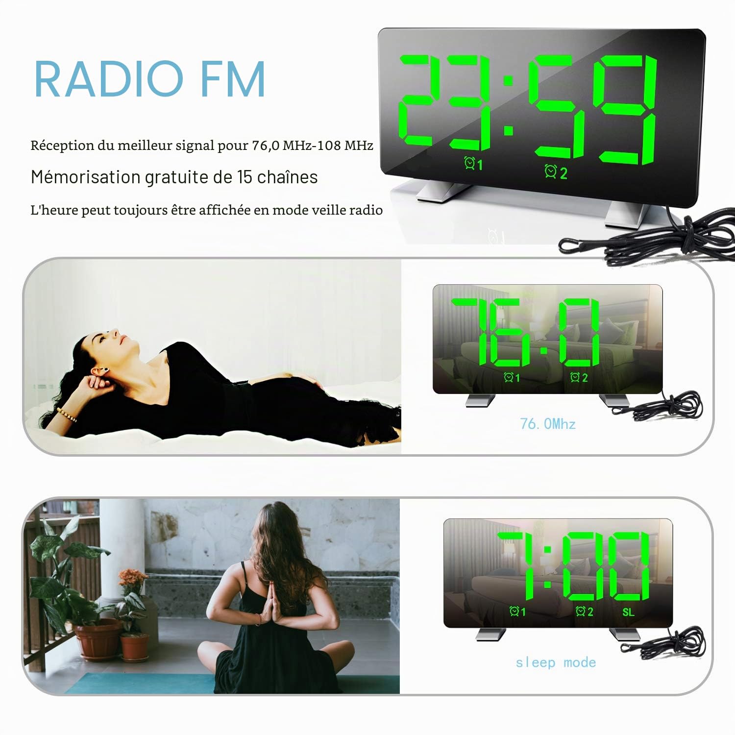 Réveil Radio pour Chevet Horloge Numérique Grand écran Fonction Snooze Double Alarme Volume Réglable Adaptateur Inclus
