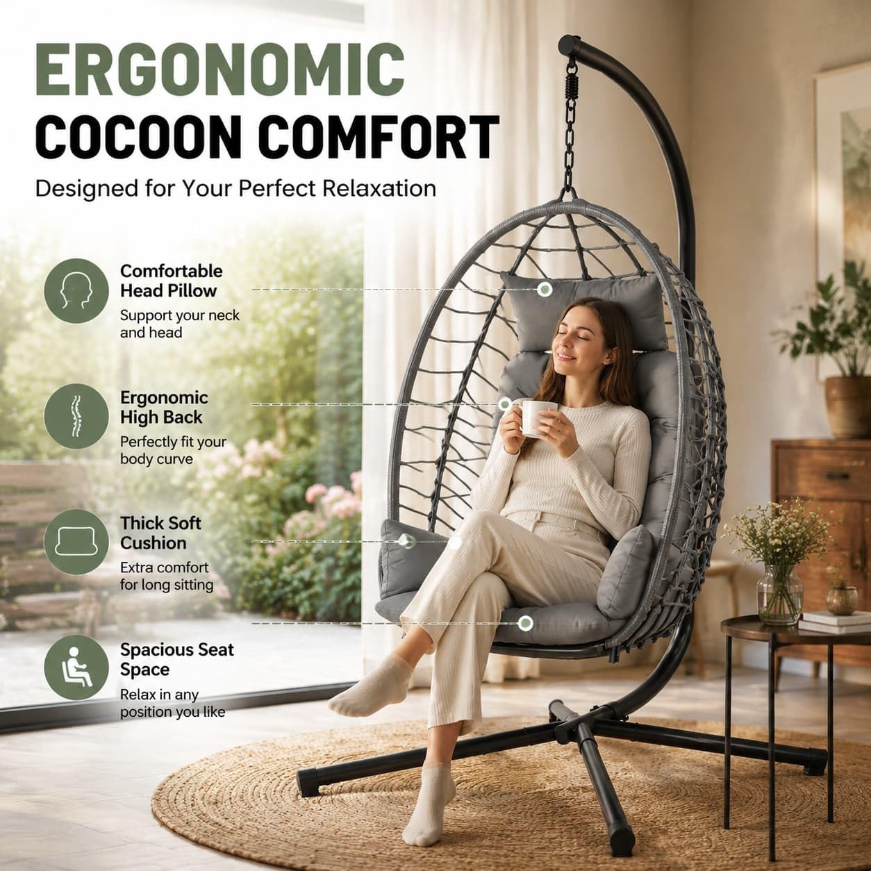 IDEALHOUSE Ei-Hängesessel grau aus Polyrattan mit Stahlrahmen – faltbar, wetterbeständig, bis 150 kg, inkl. schwarzer Schutzhülle – für Garten, Balkon, Terrasse & Indoor