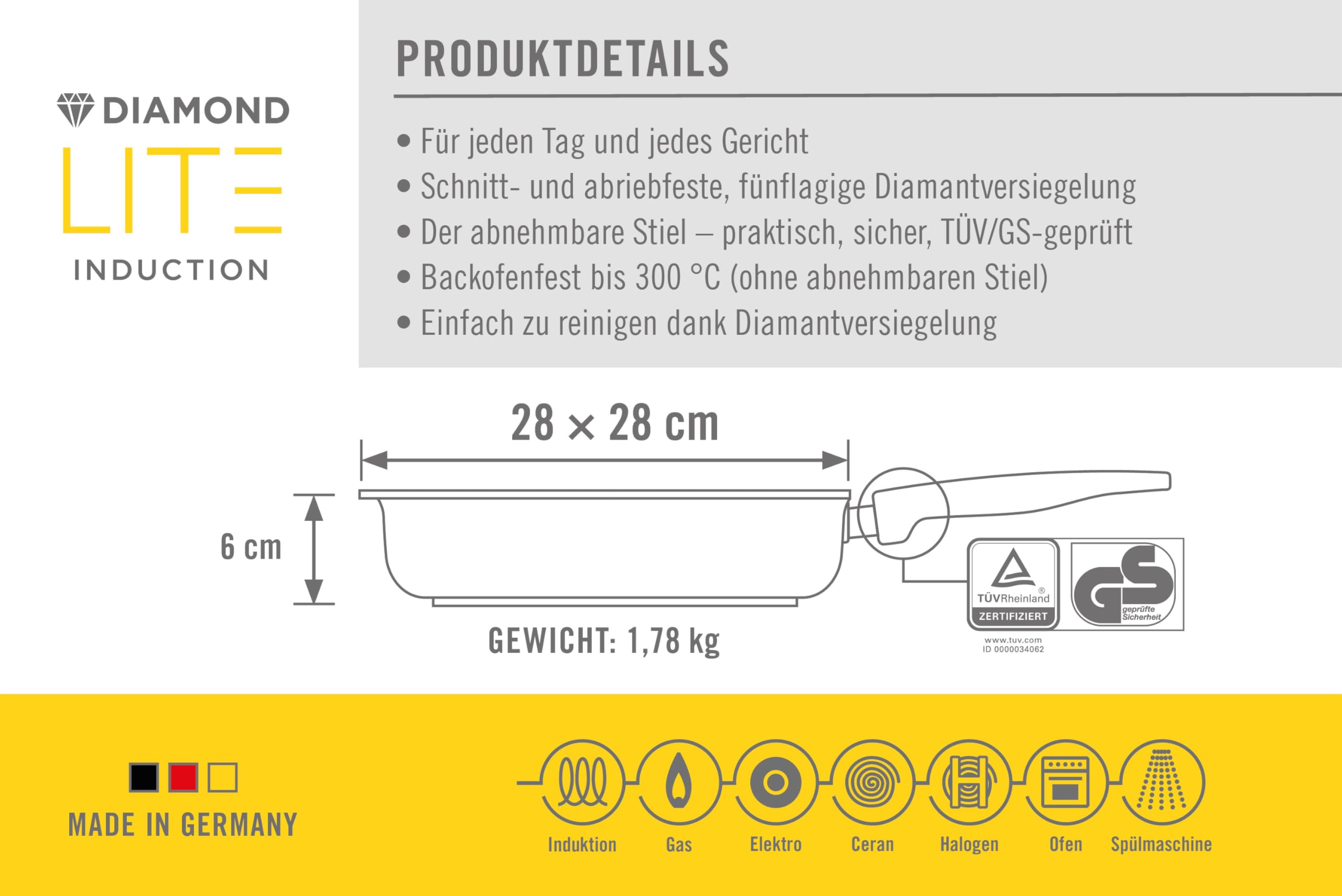 Woll Diamond Lite Viereckpfanne - Induktiv -, 28x28 cm, 6 cm hoch, mit abnehmbarem Stiel - Geeignet für alle Herdarten, Aluguss, backofenfest, anthrazit