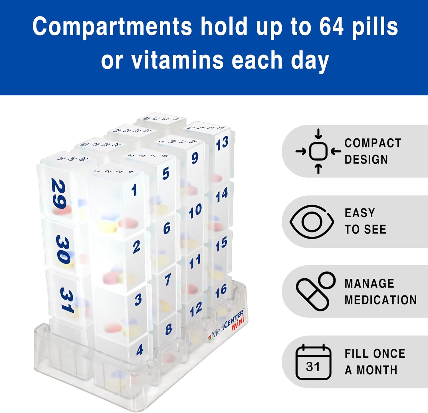 MedCenter Monthly Pill Organizer HSA/FSA – 31-Day Pill System with Daily Numbered Boxes, Travel Canvas Pouch & Bonus Tweezers – Easy, Organized, and Simple Medication Management