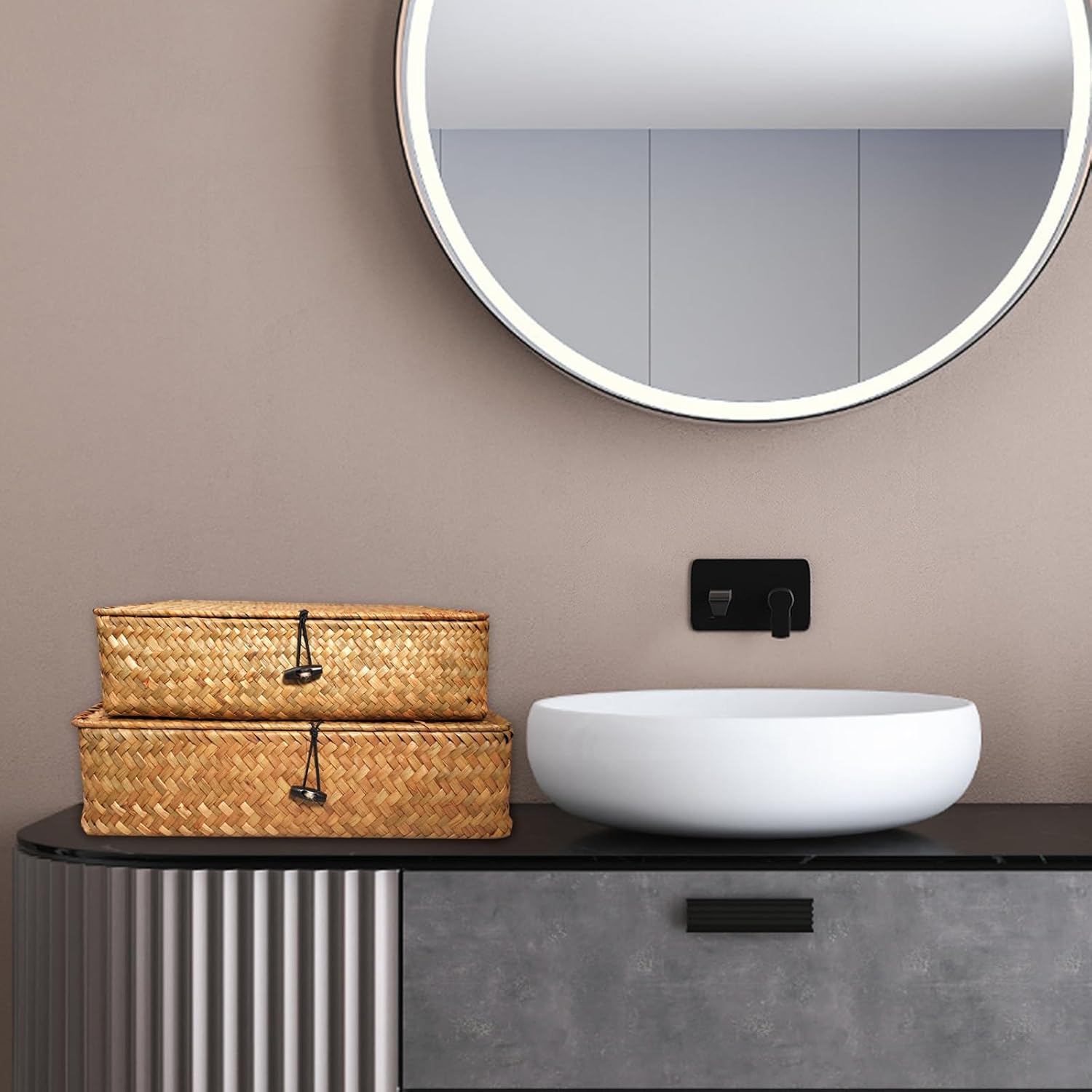 5 Pcs Seagrass Basket with Lid 5 Sizes Decorative Storage Boxes Rattan Wicker Storage Basket with Lids Woven Organizer Baskets Multipurpose Flat Storage Bins for Shelf Closet Bedroom (Brown)