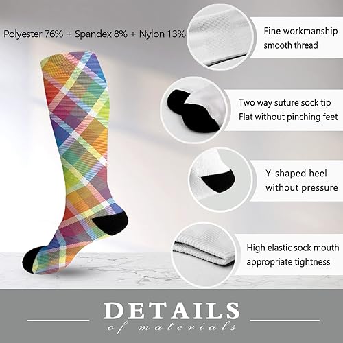 Miniatura 6 de devor Calcetines de algodón para mujer hasta la rodilla para mujer, calcetines de longitud de la tripulación, lindo arco iris cuadrado celosía