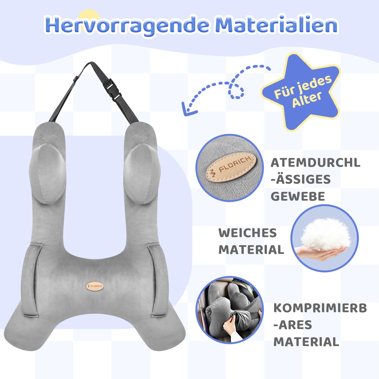 FLORICH Kinder Reisekissen, Schlafkissen Auto Kinder, Abnehmbares H förmiges Kissen Atmungsaktiv für Jungen und Mädchen und Erwachsene für Auto Urlaub (Dunkelgrau)