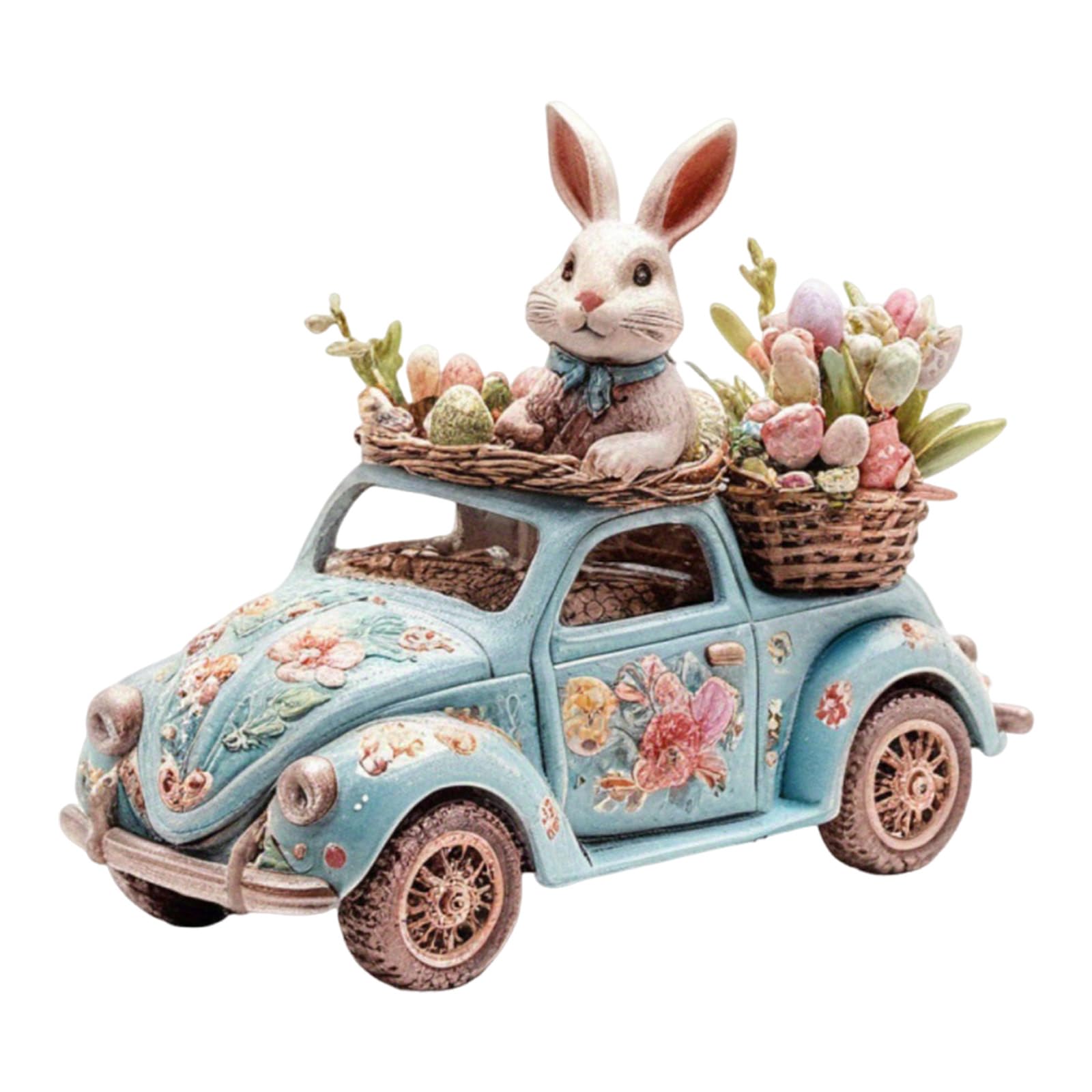 2D Easter Bunny Driving Car Figurine, Acrylic Tabletop Decoration with Floral Design, Blue Vintage Car with White Rabbit and Egg Basket, Spring Holiday Home Decor 021 (#C687) — view 7