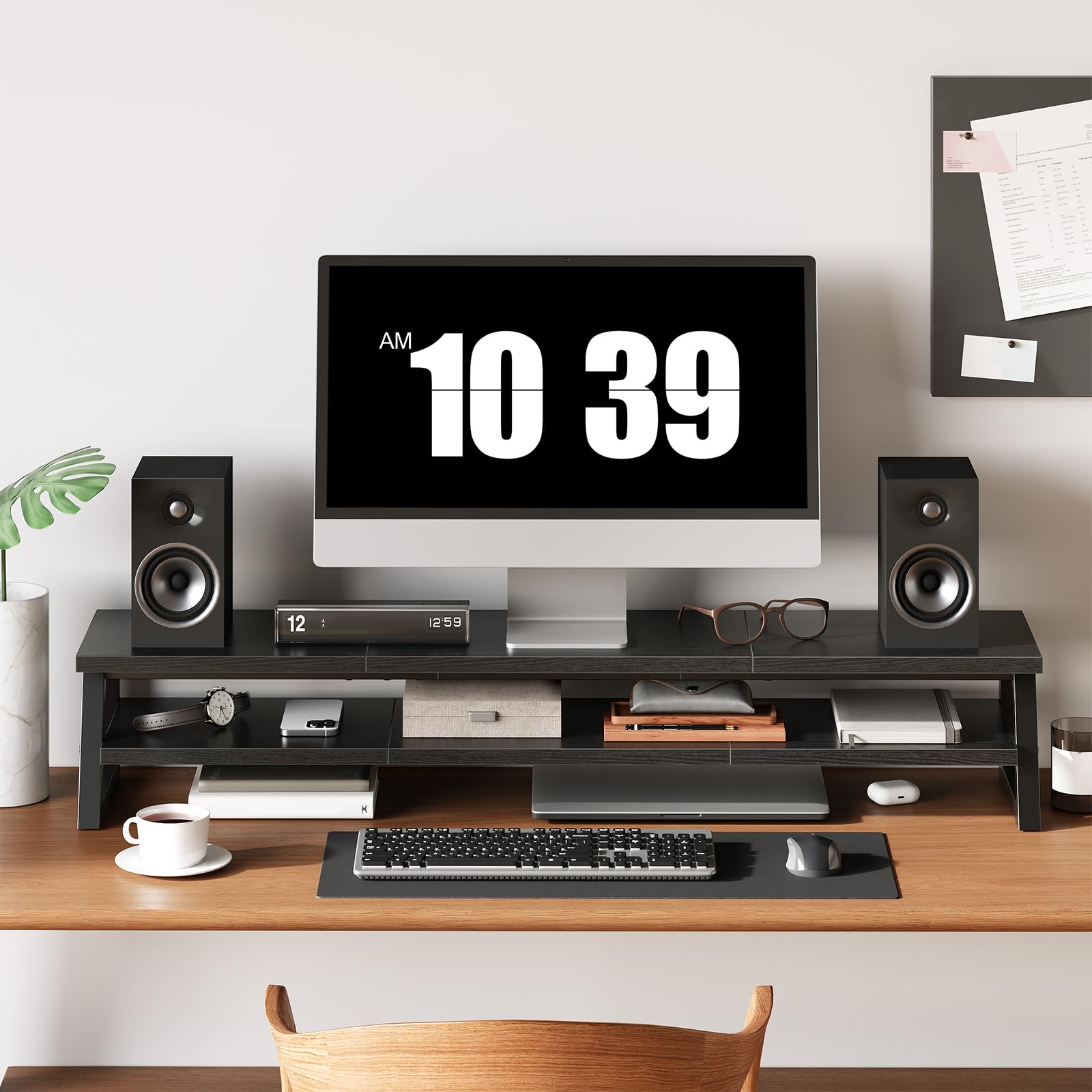 HOOBRO Supporto Monitor Scrivania a 2 Livelli per 2 Monitor, Supporto per Monitor con Rialzo per Monitor, Mensola da Scrivania per Ufficio con Spazio Contenitore, Accessori, Nero EBB122CJ01