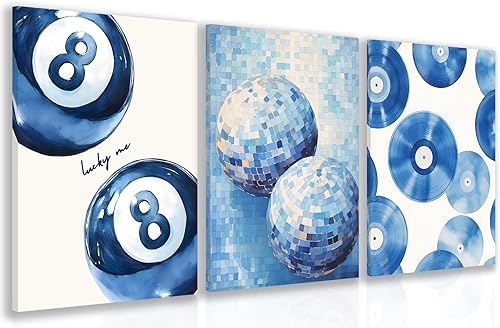GELDSTEI Preppy - Arte de pared estético azul, impresión de póster de 8 bolas azul marino, decoración de pared de bola de disco azul, pintura en