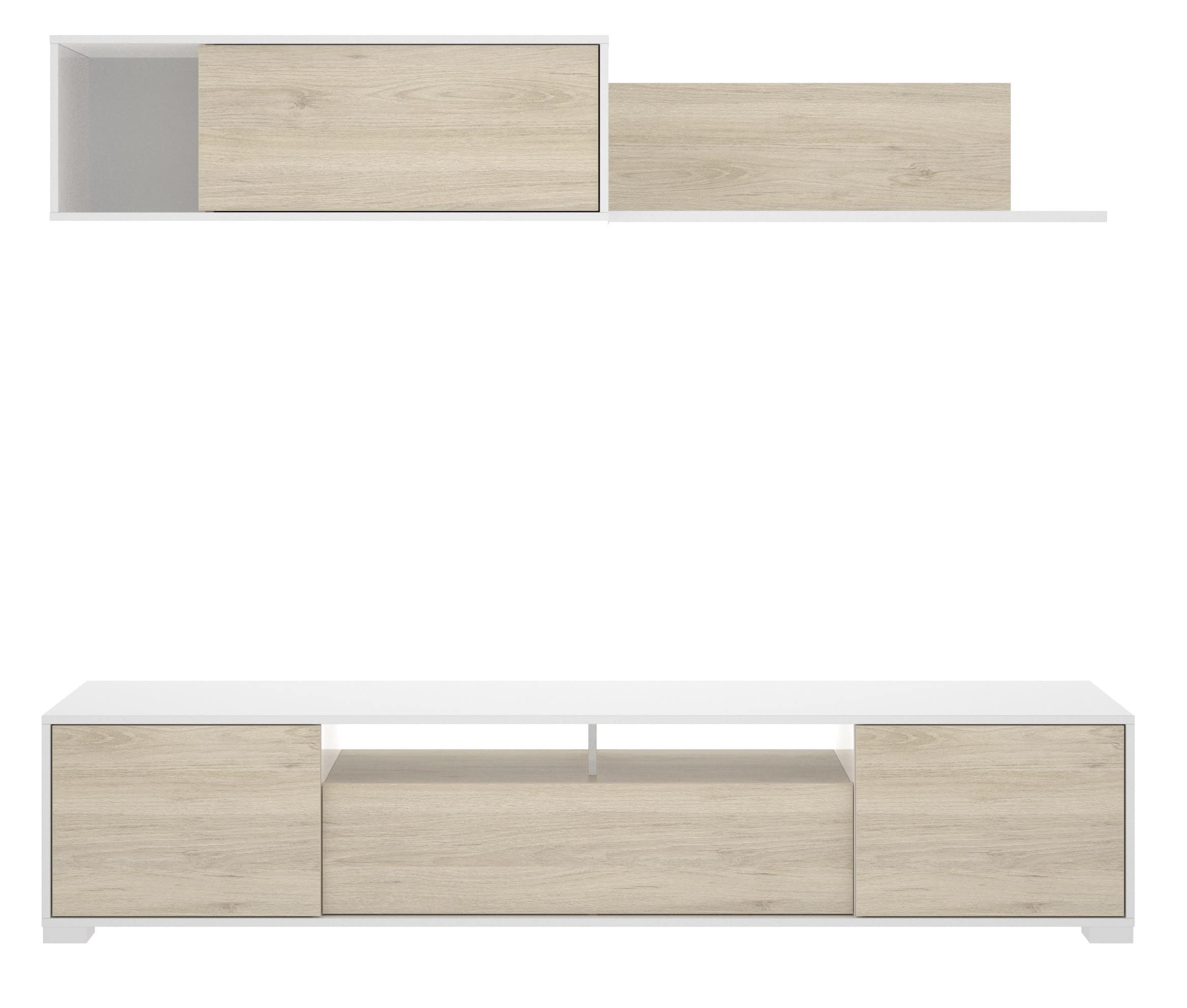 Parete attrezzata porta Tv 200 cm Madison Bianco lucido e Rovere Naturale - Bianco e Naturale