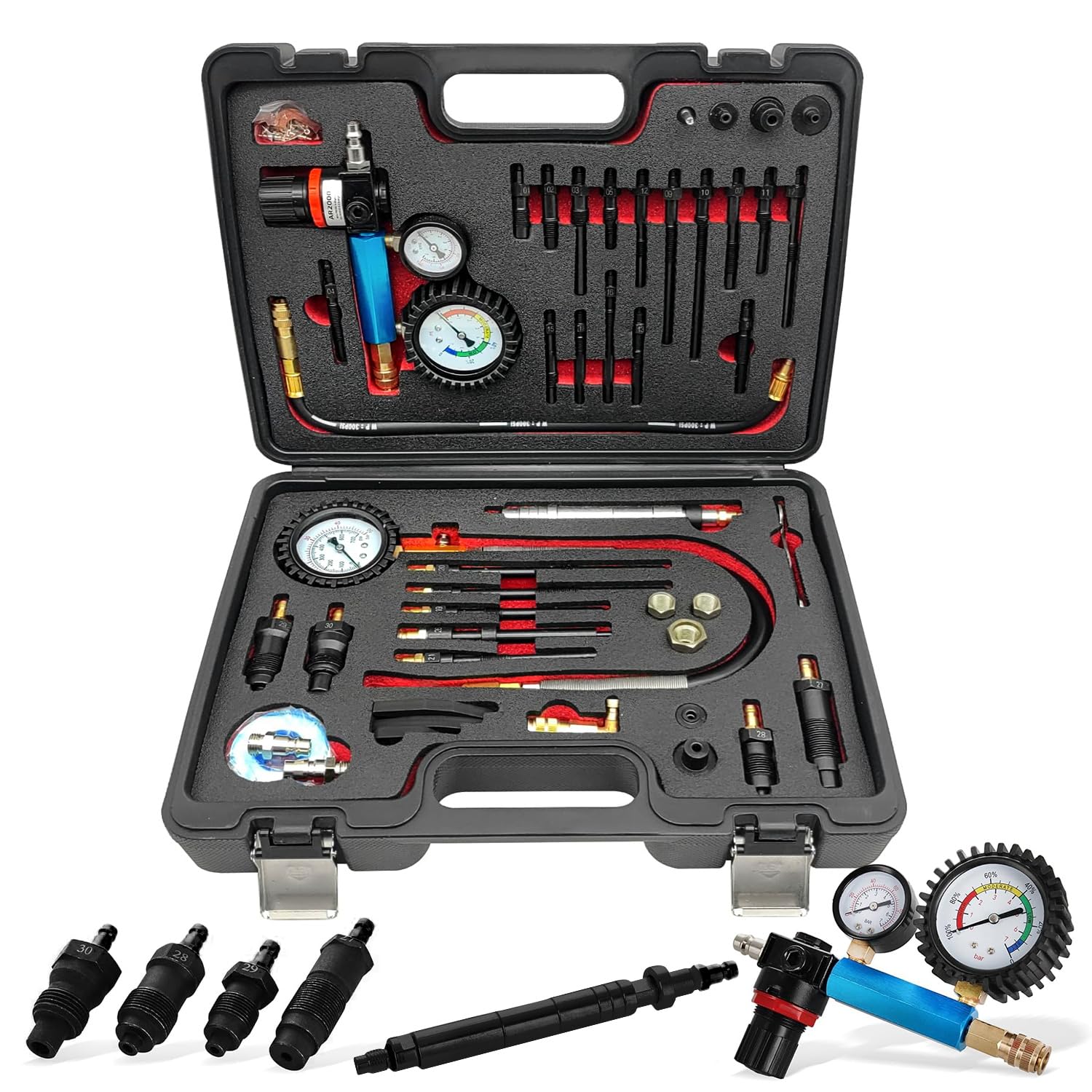 47PCS Compression and Leakage Test Kit Petrol & Diesel Engine Compression Tester Automotive Cylinder Leak Down Tester Kit with Dual Gauge Engine Compression Tester Kit for HDi, TDCi, Pumpe Duse Engine