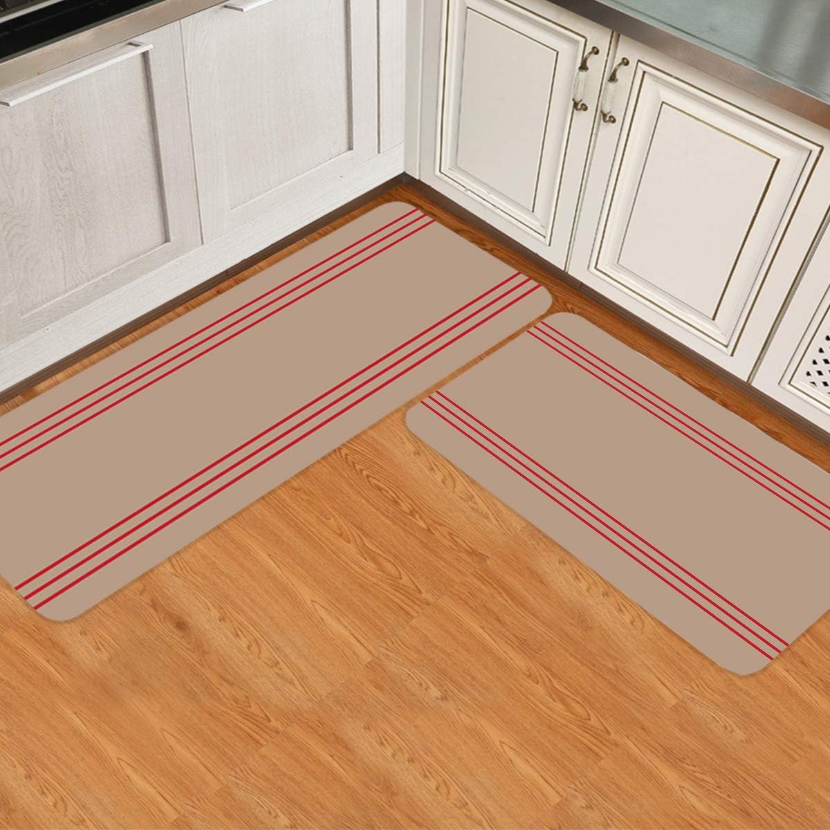 Kitchen Mats Set of 2 Retro Brown and Red Stripes Non Slip Thick Cushioned Kitchen