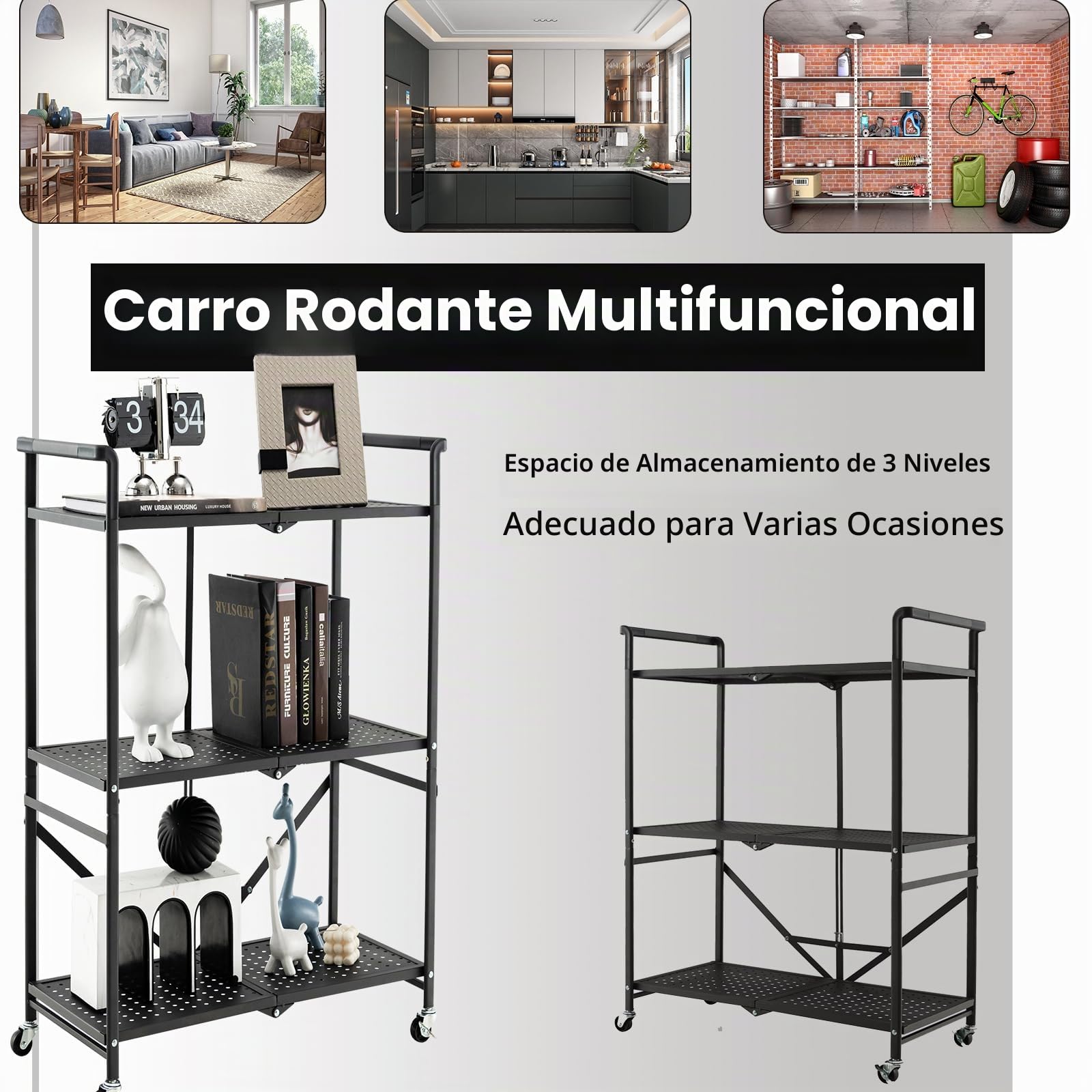KOMFOTTEU Carrito de Cocina Plegable de 3 Niveles, Carro Auxiliar de Metal, Estantería para Microondas con Ruedas, Carro de Servicio, Carro de Almacenaje para Salón, Pasillo, 73 x 33 x 94 cm, Negro