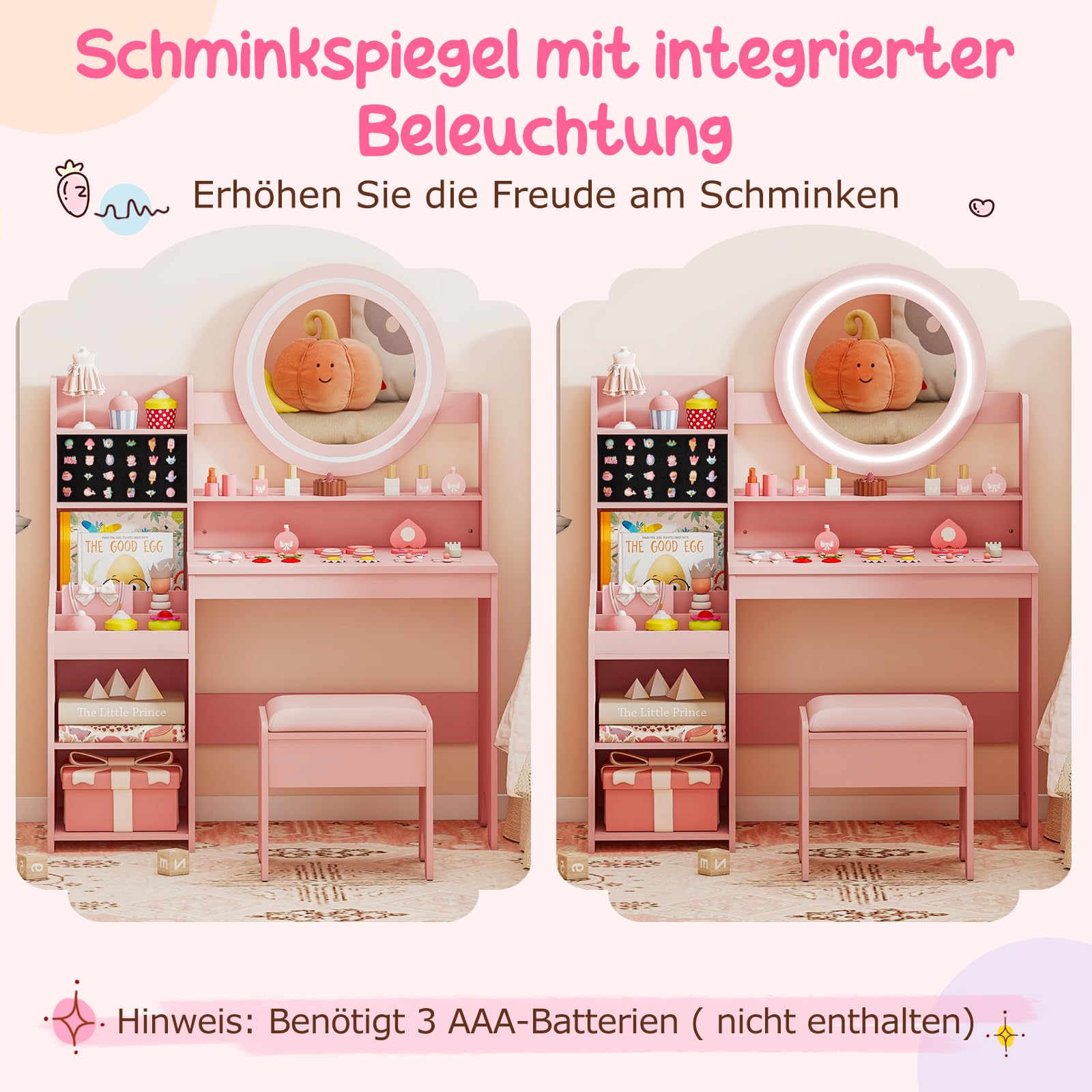COSTWAY Kinder Schminktisch mit Beleuchtung, Kinderschminktisch mit Spiegel, Regalen & gepolstertem Hocker, Prinzessin Frisiertisch aus Holz, Schminkkommode für Mädchen ab 3 Jahren (Rosa)